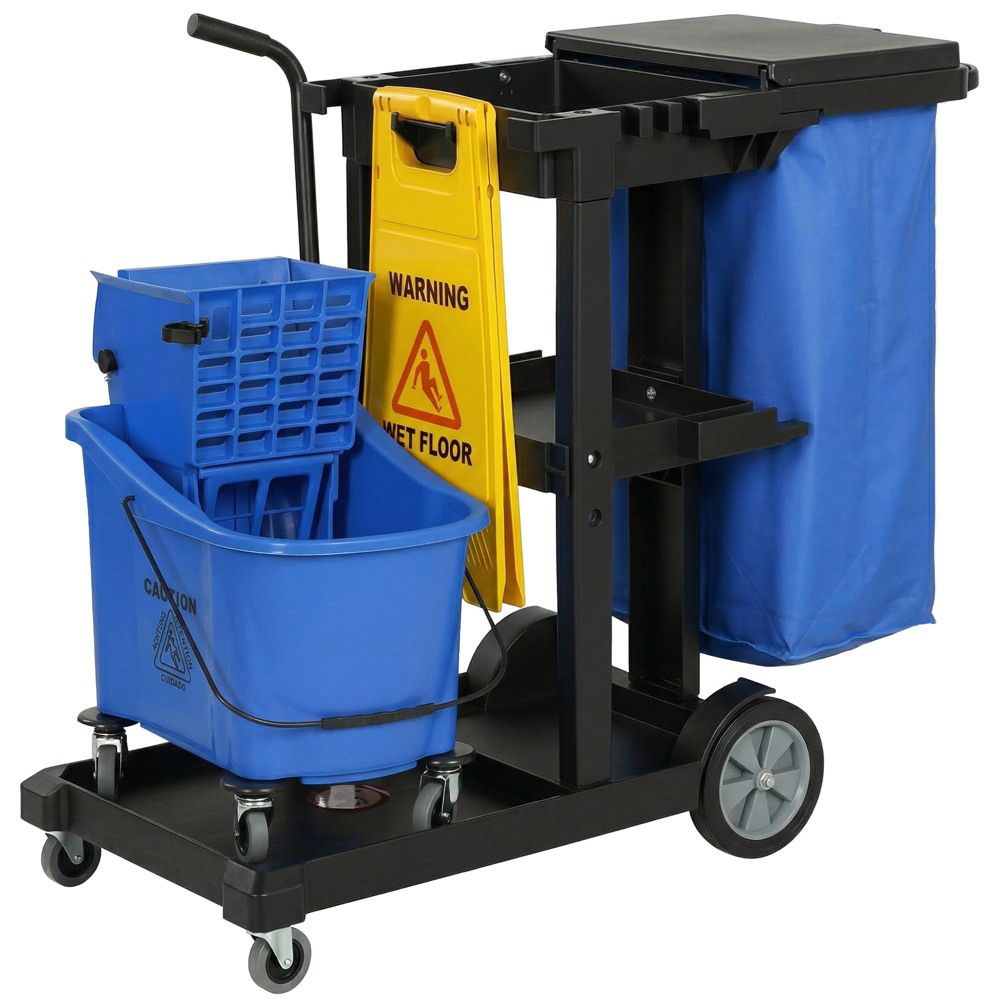 HOMCOM Putzwagen Reinigungswagen 3 Ebenen 70 L Müllsack mit Abdeckung Rollen Moppeimer mit Presse Werkzeughaltern Warnschild 122x46,5x101 cm