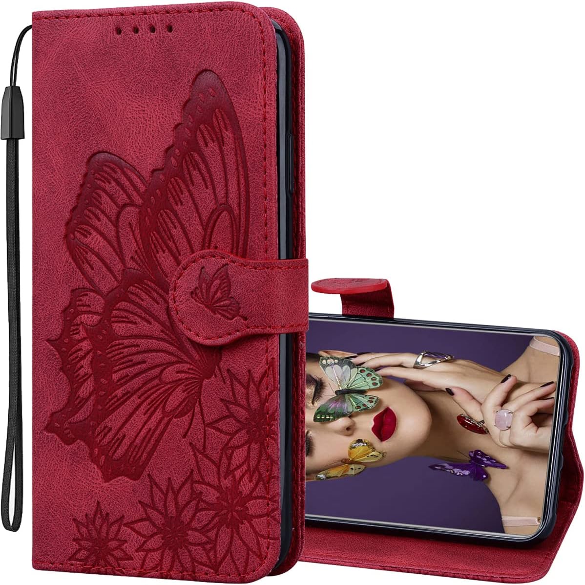 Ysnzaq Wallet Case for Samsung Galaxy A82 5G, Premium PU Leather Butterfly Embossed Flip Magnetic Case Cover with Card Slot Stand Function Protective Case for Samsung Galaxy A82 5G.CY Butterfly Red