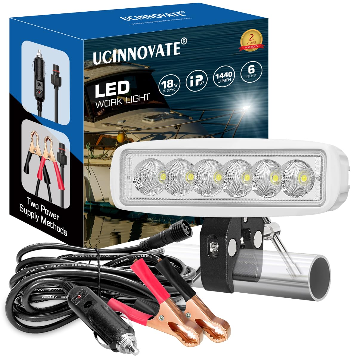Portable LED Boat Lights With Mounting Clamp, Flexible 6.3inch Super Bright Waterproof Marine Spotlight Flood Light Two Way Power 12V 24V LED Light Bar for Kayak Bass Jon Fishing T-Top Deck Truck 4x4