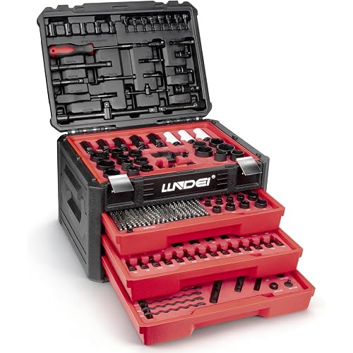 LLNDEI Mechanics Tool Set and Socket Set, 1/4" 3/8" 1/2" Drive Deep and Standard Sockets 12 Point, 390 Pcs SAE and Metric Mechanic Tool Kit with Bits, Combination Wrench