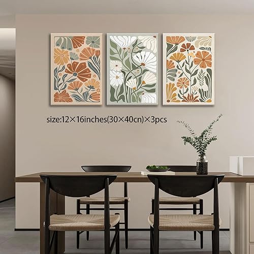Miniatura 2 de KISSFOX Lienzo enmarcado para pared, estampado botánico floral abstracto, juego de 3 pinturas de mercado de flores silvestres verdes, beige,
