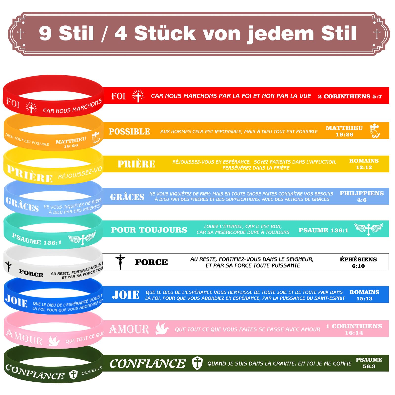 Bracelet de motivation en silicone bible version française de 8 pouces, bracelet cadeau religieux, 9 citations bibliques, 9 couleurs, cadeau idéal, cadeau d'équipe