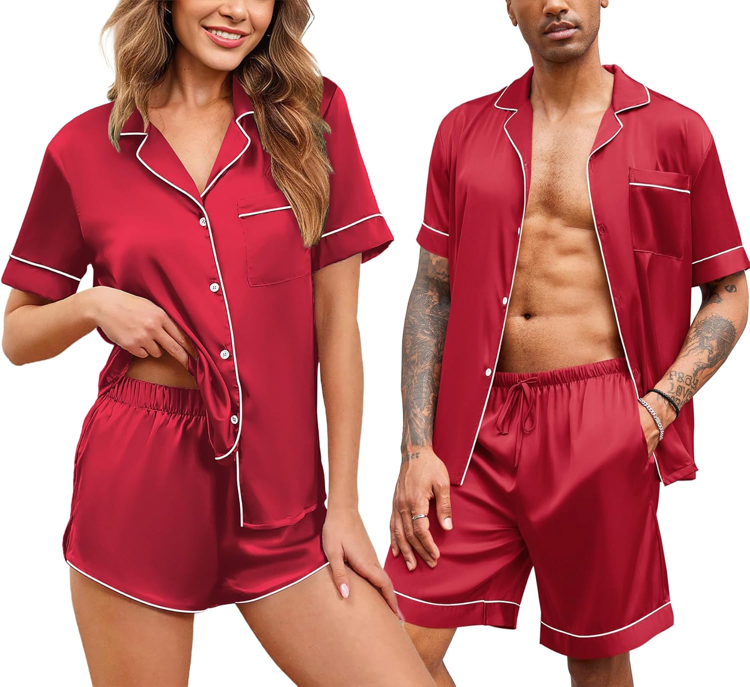 Ekouaer Silk Satin Matching Pajamas Sets Couple Button Down Nightwear Women & Men Short Sleeve Sleepwear 2 Pieces Loungewear