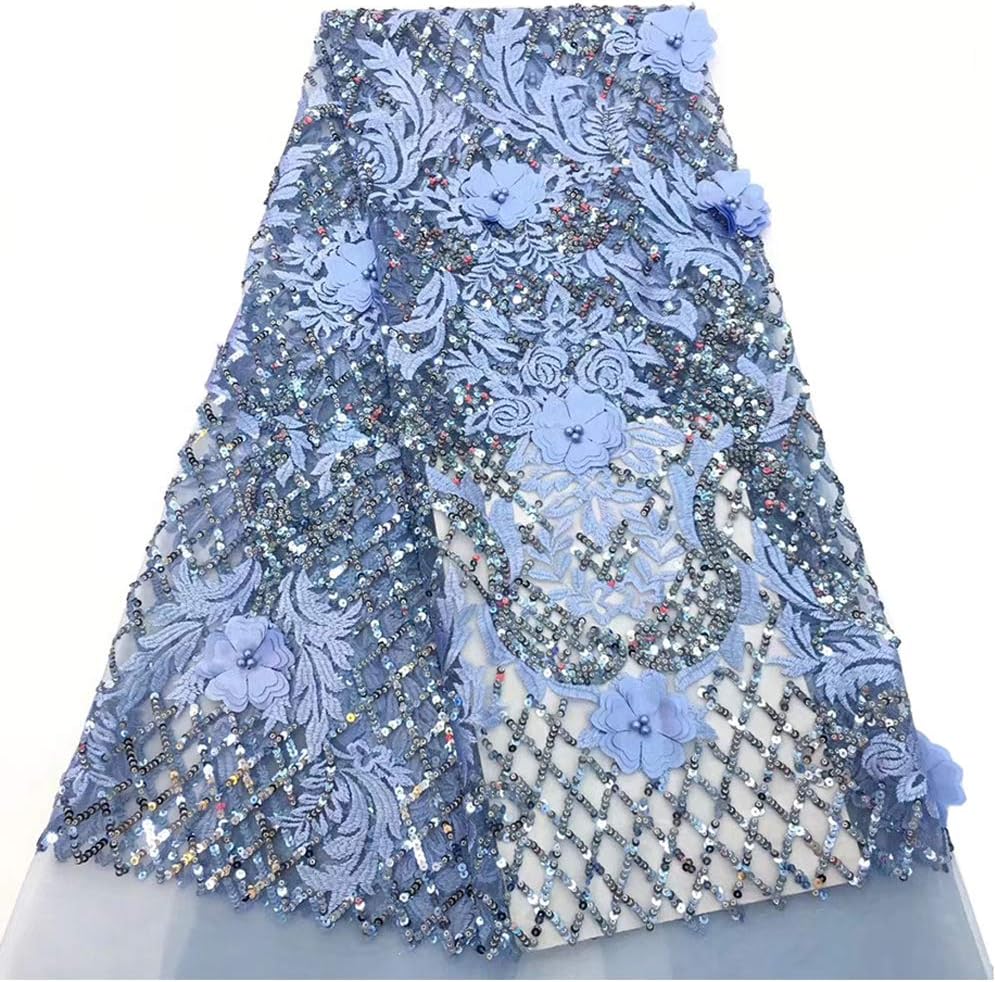 Milylace Luxury African Lace Fabric 5 Yards 3D Floral Nigerian Tulle Lace with Sequins for Wedding Party Dresses (Blue)