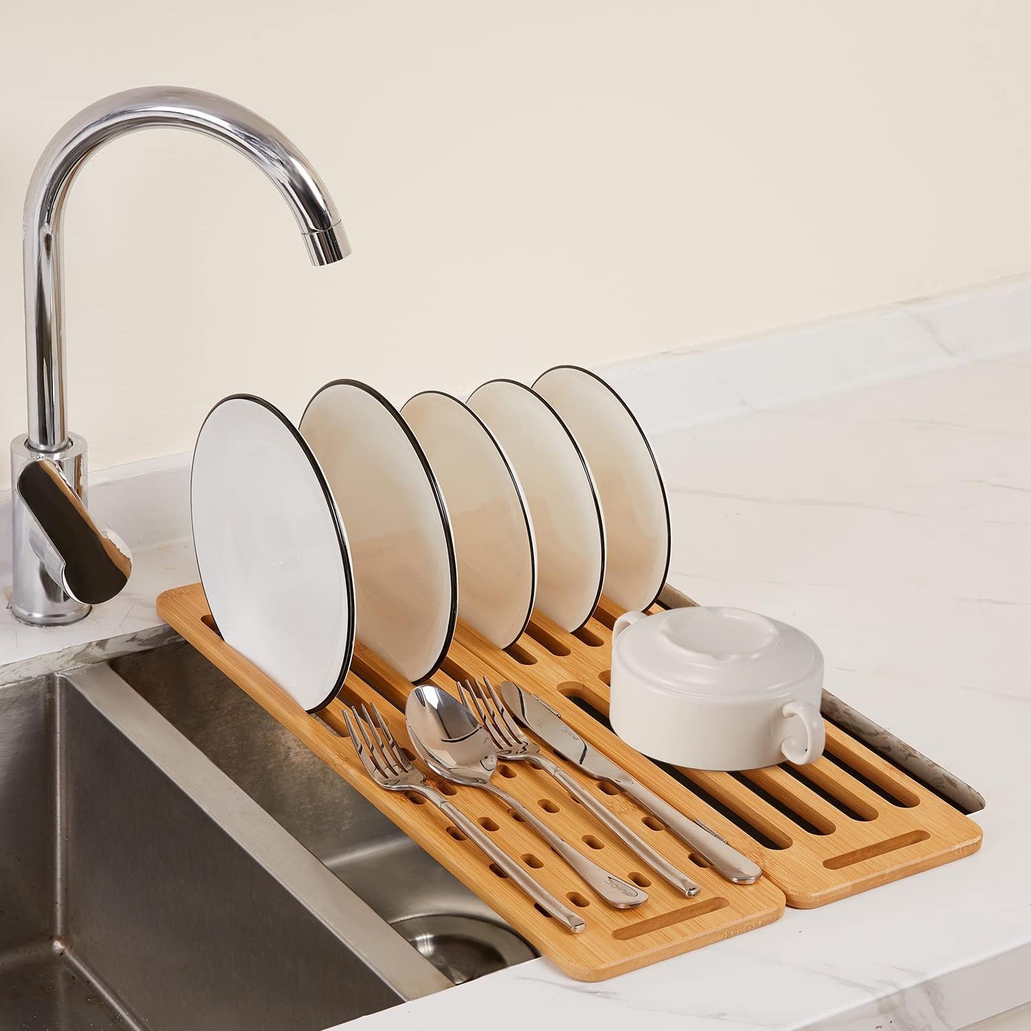 Foldable Bamboo Dish Drying Rack, Over The Sink Dish Drainer Drying Rack,  Dish Rack for Kitchen Counter, Multipurpose Dish Drying Rack Over The Sink