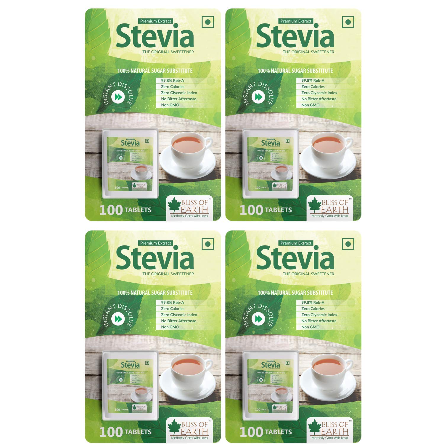 Bliss of Earth 99.8% REB-A Purity Stevia Sugar free Tablets Pellets, Zero Calorie Keto Sweetener, Quick Dissolve 4X100 Tablets