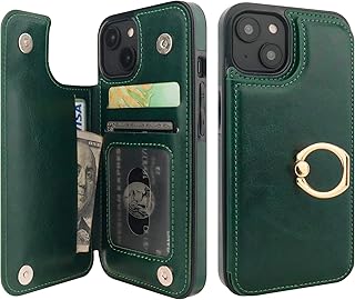ONETOP for iPhone 14 Wallet Case with Card Holder, 360Â° Rotation Ring Kickstand RFID Blocking PU Leather Double Magnetic Clasp Shockproof Cover for Women and Girls 6.1 Inch (Green)