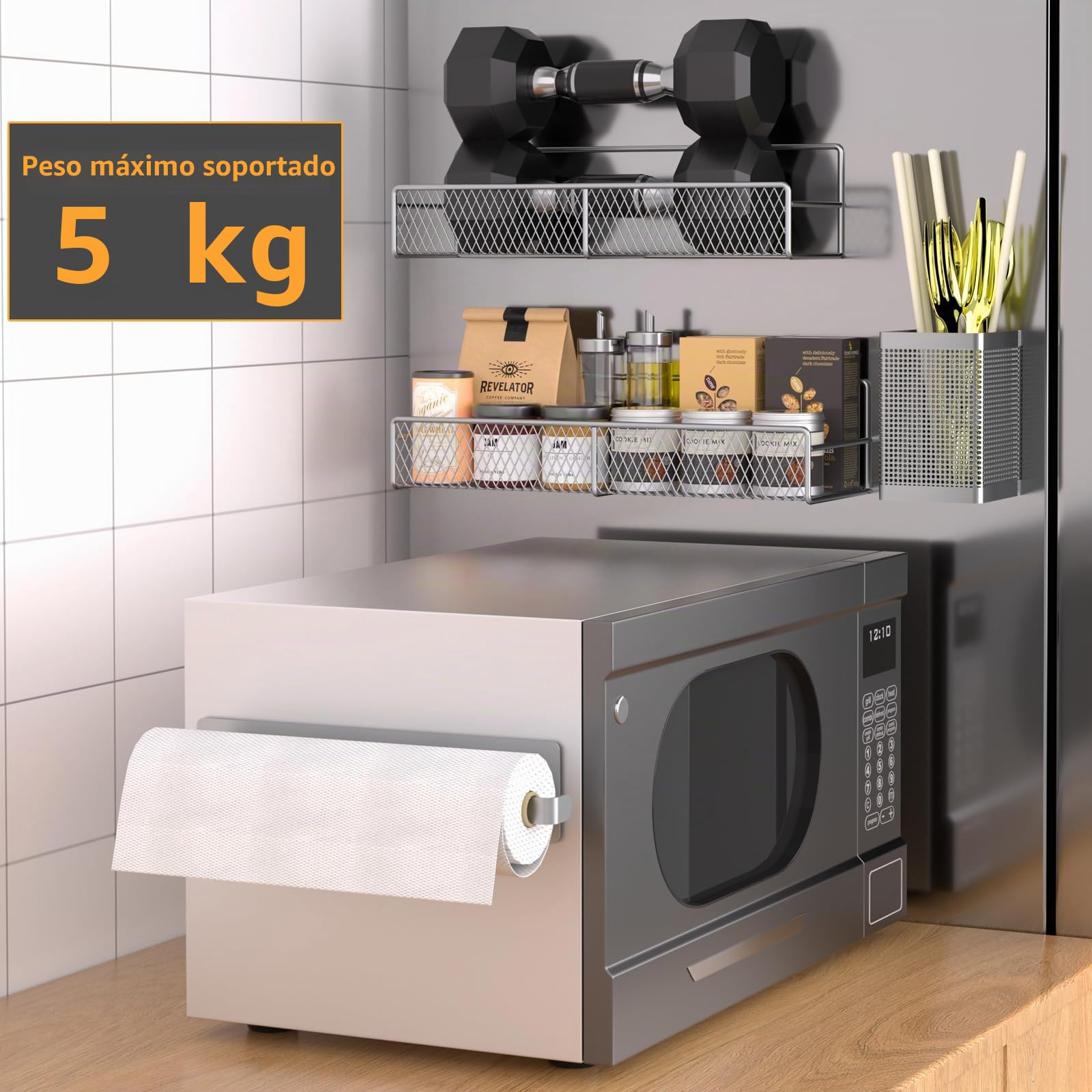 Especiero magnético para refrigerador, 6 estantes magnéticos, 100 % metal, compacto, organización y almacenamiento para el hogar, cocina, lavandería, soporte para toallas, portautensilios (gris)