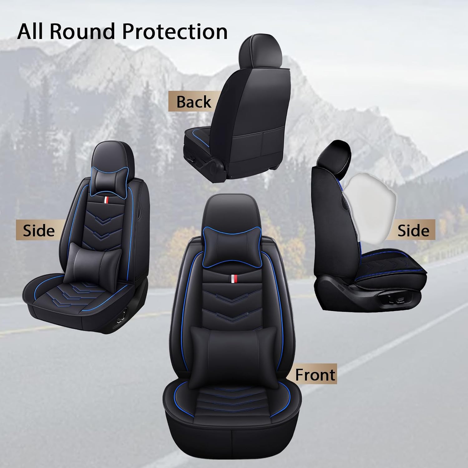 Seat Covers for Ford Explorer 2007-2026, Waterproof Leather Auto Seat Cover with 2* Neck Pillow and 2* Lumbar Support (5 Seat Luxury,Black-Blue)