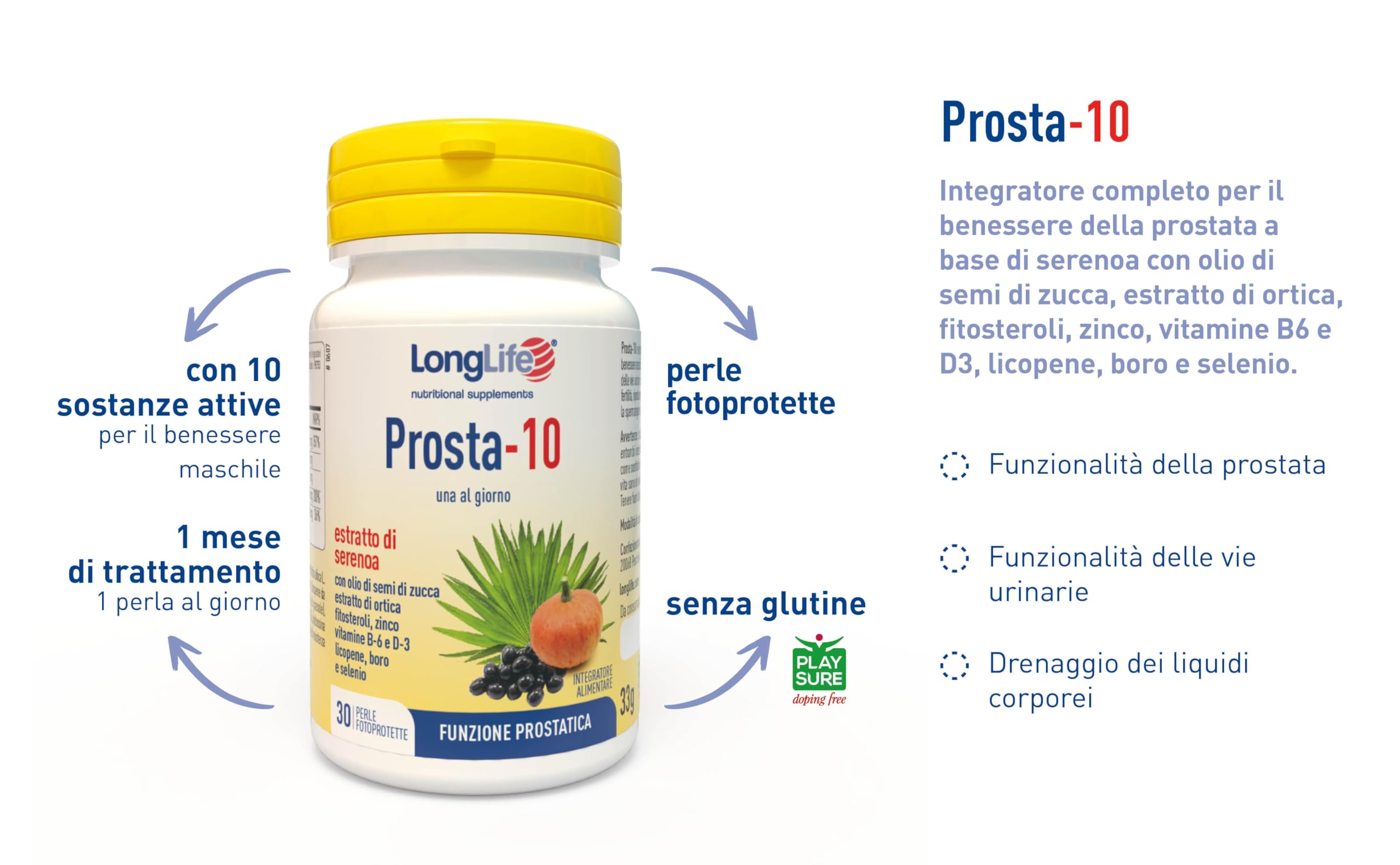 LongLife® Prosta-10 | Integratore di serenoa titolato all'85% in acidi grassi liberi | Con estratti vegetali e vitamine | Prostata e vie urinarie | 1 mese di trattamento | Senza glutine