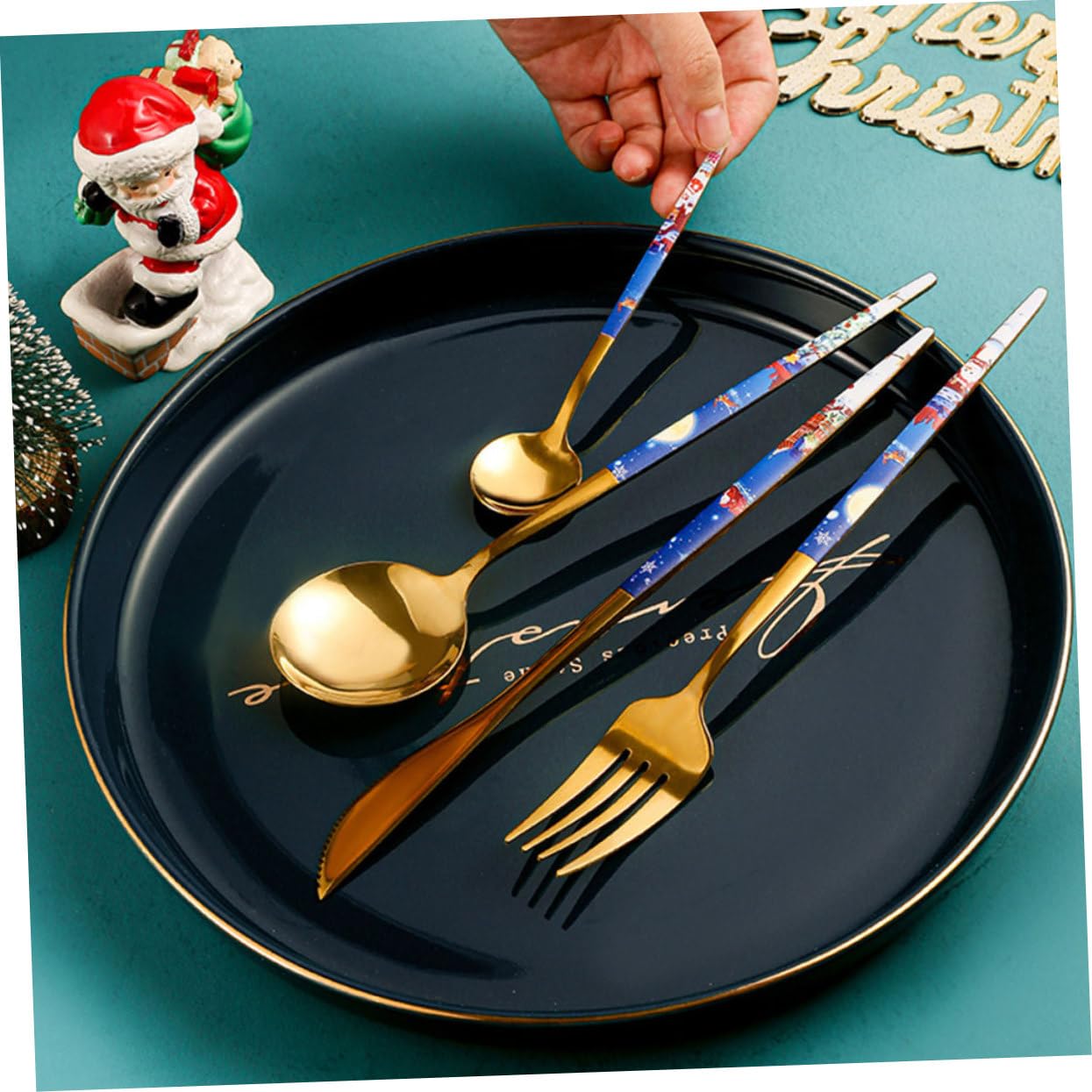 PRETYZOOM 4 Juegos Juego de Cubiertos de Navidad vajilla de Comida para Banquetes Cubiertos de Viaje Cubiertos navideños Tenedores cucharas vajilla de Navidad cuchillería