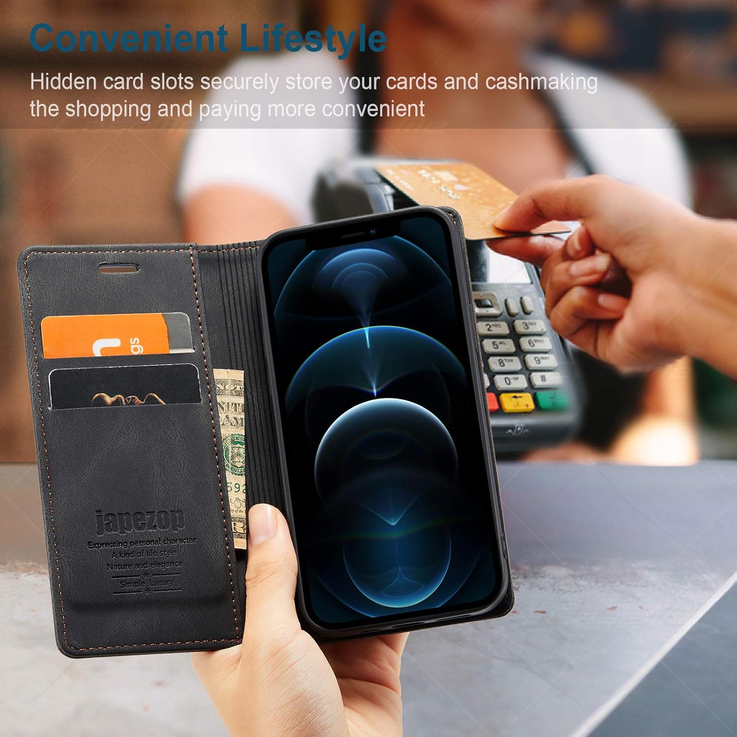 japezop iPhone 12 Pro Max Case Wallet with [RFID Blocking] Card Holder Kickstand Magnetic,Leather Flip Wallet Case for iPhone 12 Pro Max 6.7 Inch(Black) - Image 8