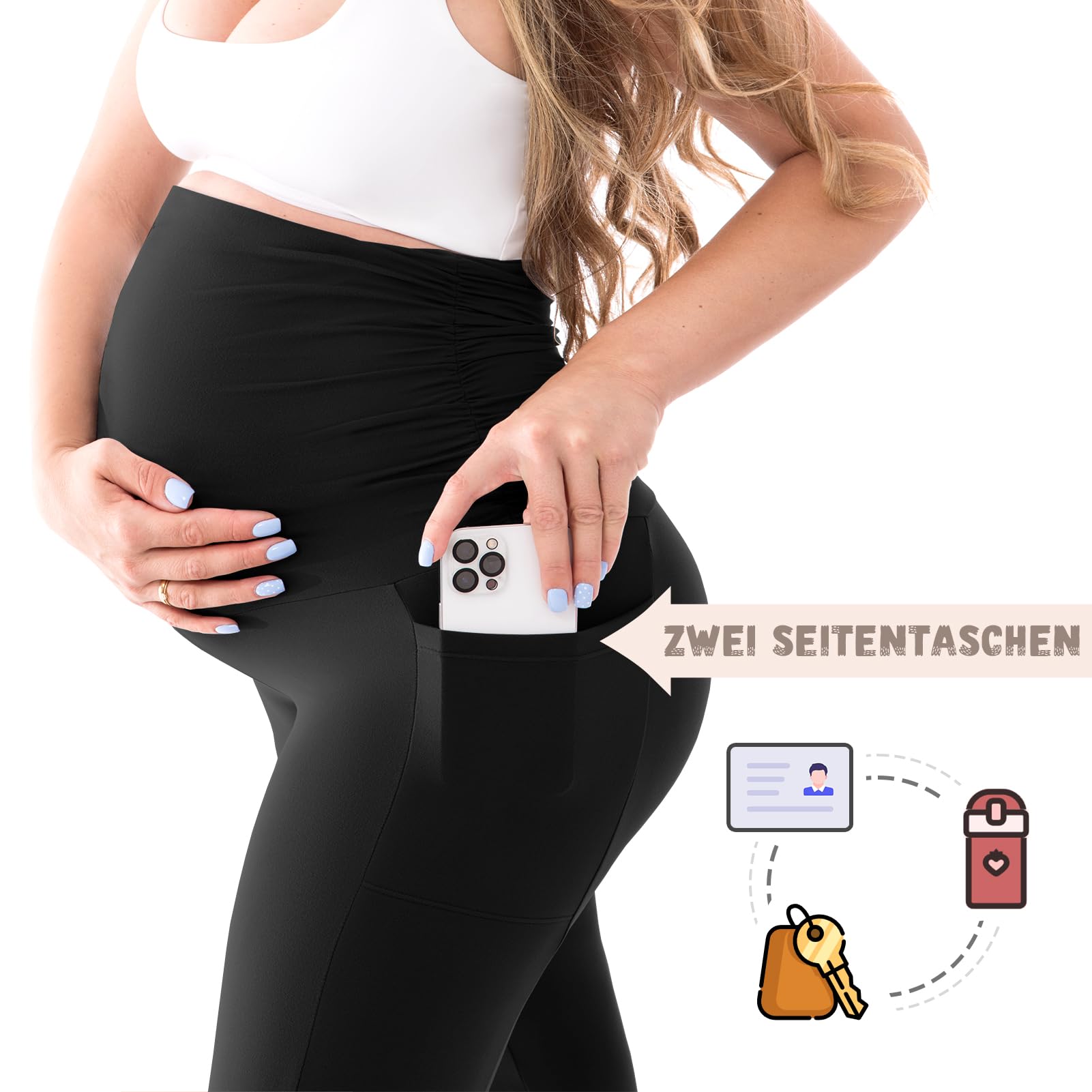 Walifrey Women's Maternity Leggings with Pockets，High Waist Opaque Comfortable Pregnancy Black Leggings — view 4