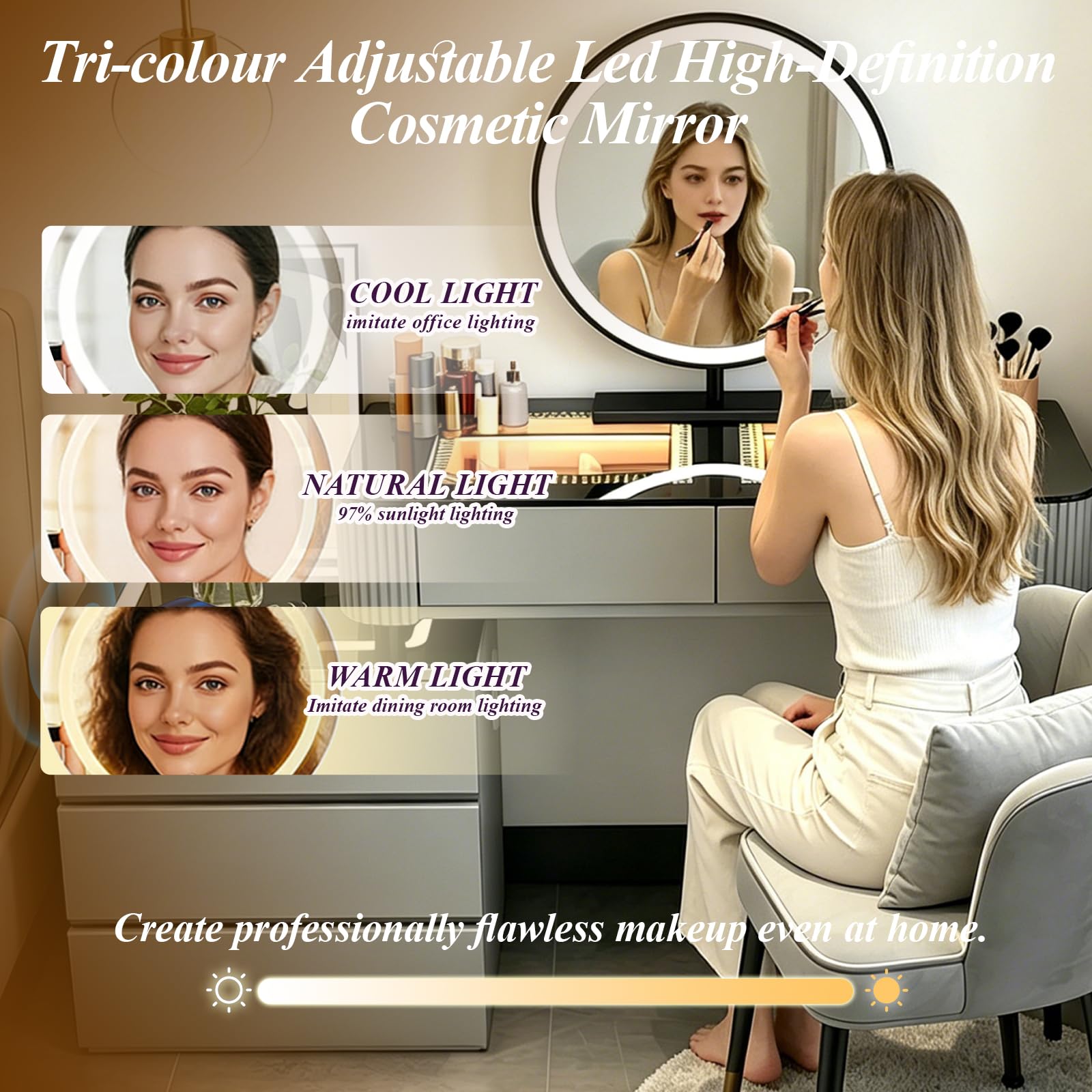 Schminktisch mit Verstellbaren Beleuchtung, Frisiertisch mit Spiegel Schubladen Einstellbarer Helligkeit, Make up Tisch mit 5 Schubladen, Kosmetiktisch mit Glasplatte (Weiß, 100cm)