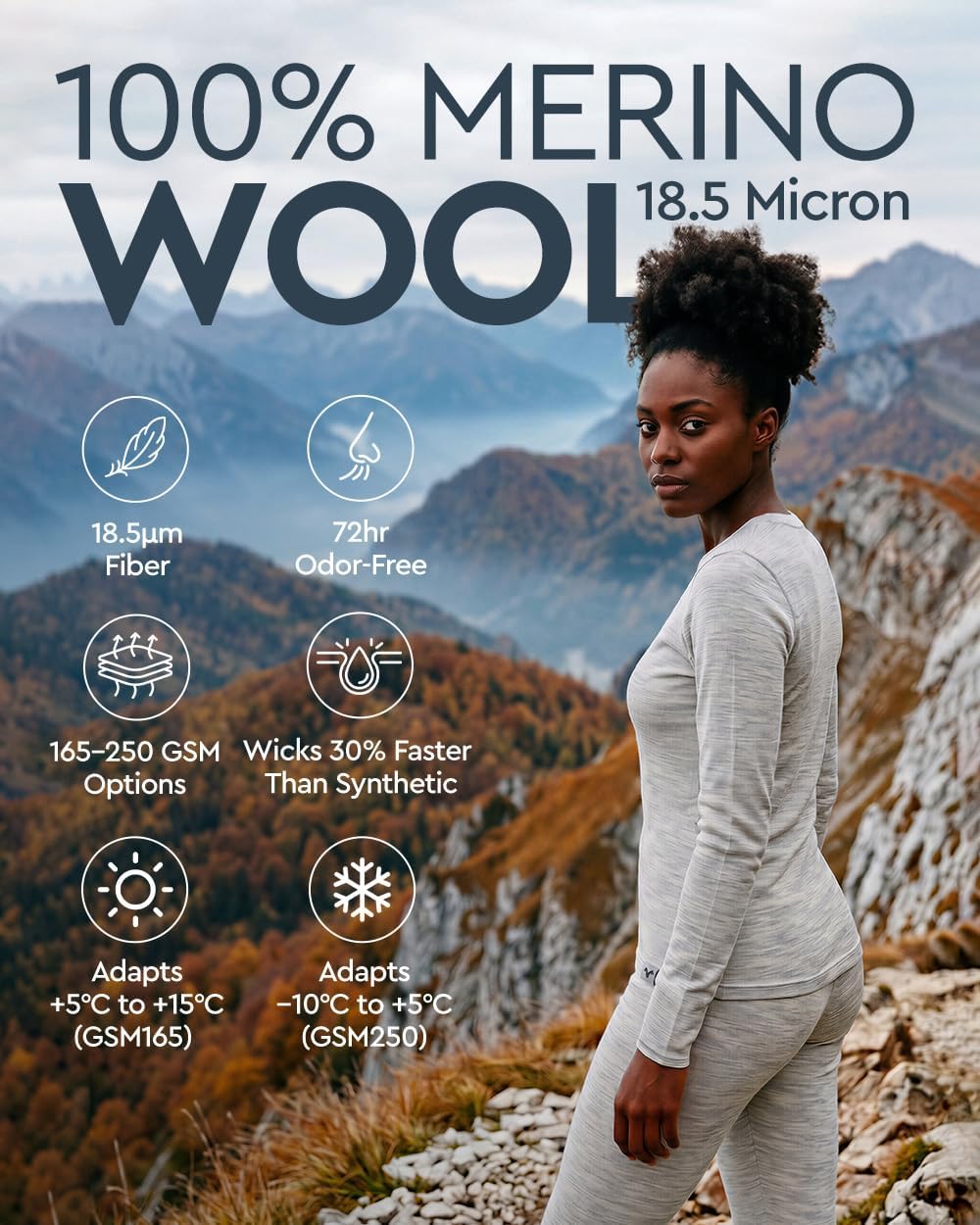 MERINNOVATION Merino Wool Base Layer Set for Women Size L 100% Merino Wool Thermal Underwear Sets Lite - Midweight Top, Bottom