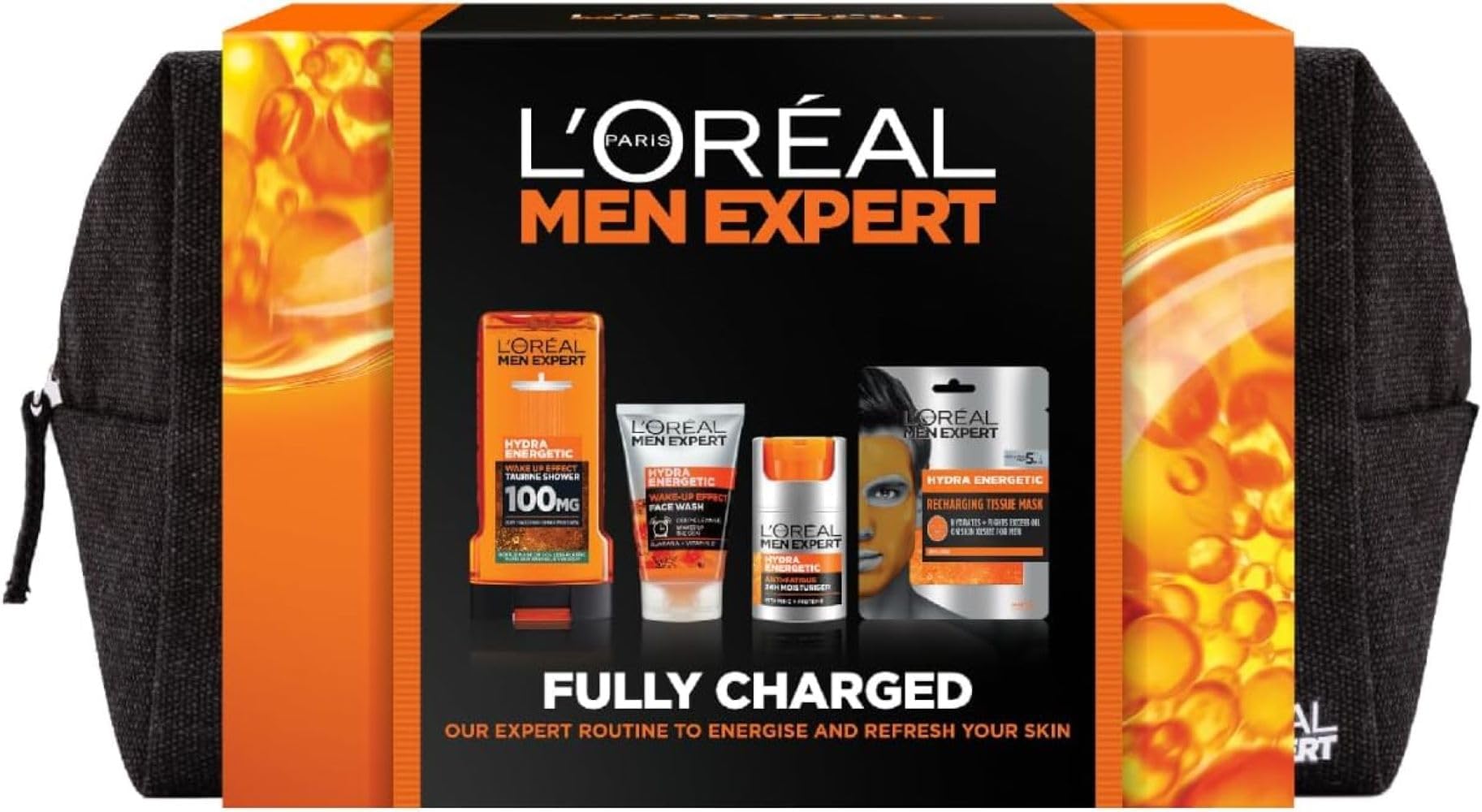 Men Expert L'Oreal Gift Set for Men, Hydra Energetic Fully Charged Washbag: Shower Gel, Moisturiser for Men, Sheet Face Mask and Face Wash