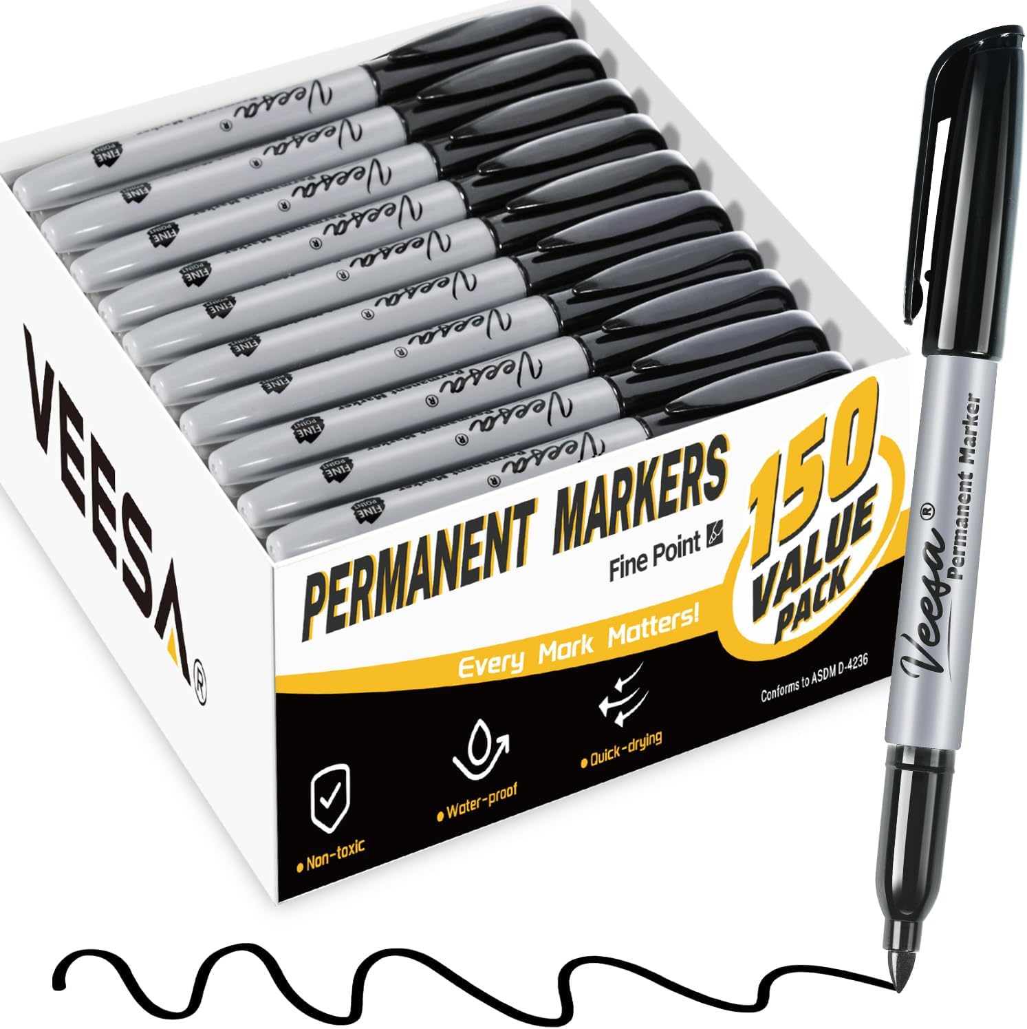 VEESA Permanent Markers Bulk of 150 Pack, Black Fine Tip Permanent Markers for Logistics, Quick Drying, Smudge-Free, Water- and Fade-Resistant, Schoool, Home & Office Supplies