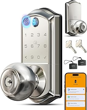 Veise VE018 Smart Knob Handle Lock - Fingerprint, App Control, Keyless Entry for Front Door and Bedroom, Electronic Digital Keypad, Auto Lock, Remote Access Sharing, Easy Installation, Satin Nickel