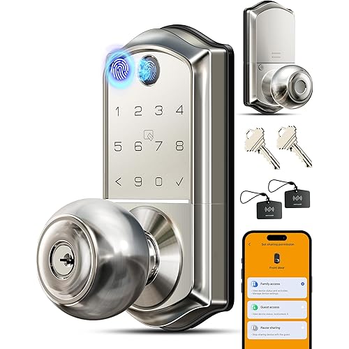 Veise VE018 Smart Knob Handle Lock - Fingerprint, App Control, Keyless Entry for Front Door and Bedroom, Electronic Digital Keypad, Auto Lock, Remote Access Sharing, IP55 Weatherproof, Satin Nickel
