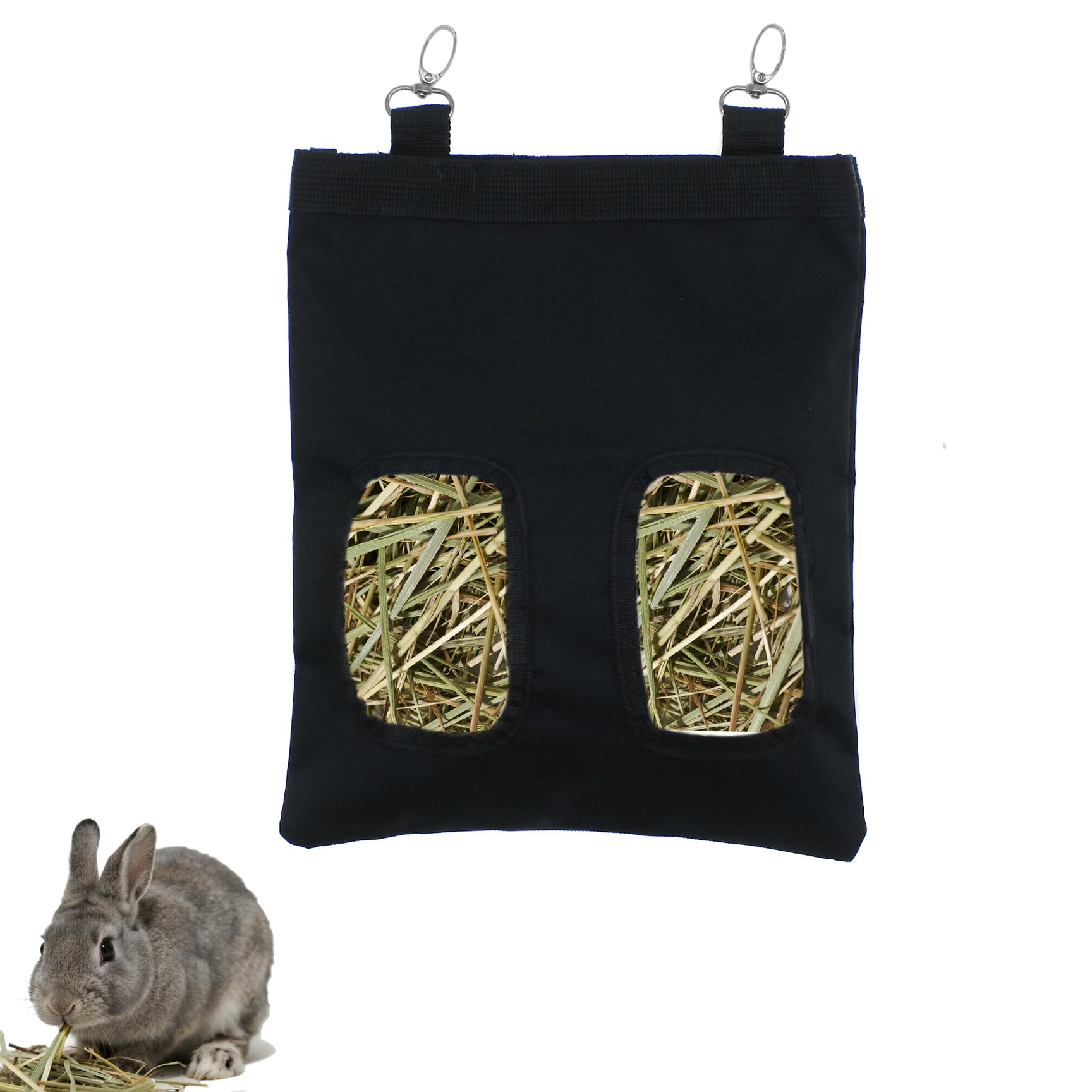 Rabbit Hay Feeder Bag Hanging Guinea Pig Hay Feeder with 2 Holes for Chinchilla Hamster Bunny Small Animal Pet Storage Pouch Black