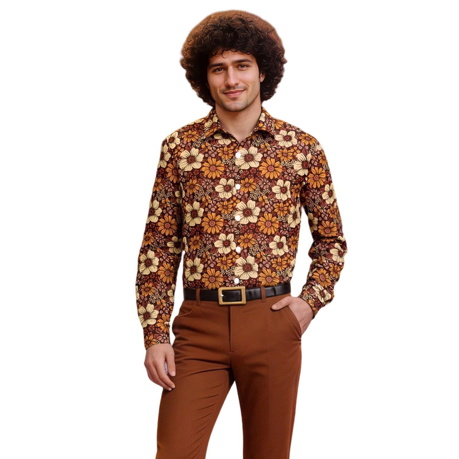 80s Fancy Dress Men, 60s 70s 80s Fancy Dress Men, Hawaiian Shirts for Men Retro Casual Button Down Shirt Shirts Printed Long Sleeve Disco Holiday Brown 3XL