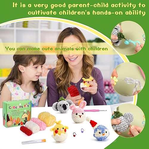 Miniatura 6 de UzecPk Kit de ganchillo para principiantes, 4 patrones de animales  conejo, koala, pingüino, pollito, kit de ganchillo para principiantes para