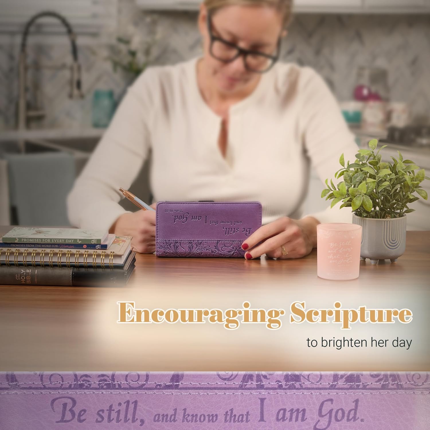 Christian Art Gifts Purple Faux Leather Checkbook Cover for Women with Inspirational Scripture - Be Still - Bi-fold Checkbook Cover for Duplicate Checks ID Credit Cards & Pen Loop Holder - Psalm 46:10 - Image 5
