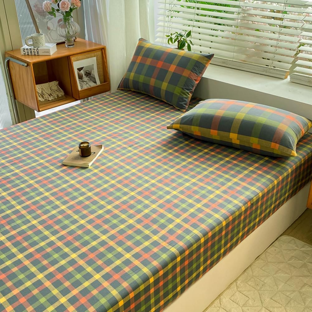 VM VOUGEMARKET Plaid Fitted Sheet Queen 1 Pieces,100% Cotton Colorful Grid Single Bottom Sheet with 15" Deep Pocket,Comfortable and Breathable Mattress Cover for Girls Women