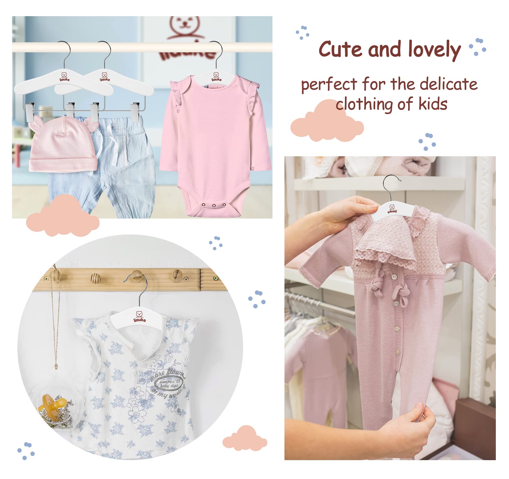 Grucce bianche per bambini, set di 12 grucce in legno scorrevoli, classiche e solide con rotazione a 360°, ideali per vestiti per neonati o bambini, lunghezza 25 cm