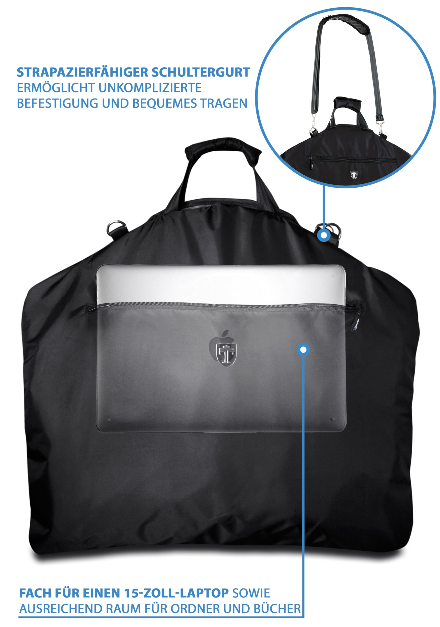 Travando Kleidersack für Anzug mit 15" Laptopfach & Schultergurt - Anzugtasche - knitterfreie, Wasserabweisende und Faltbare Kleidertasche - Garment Bag for Suits