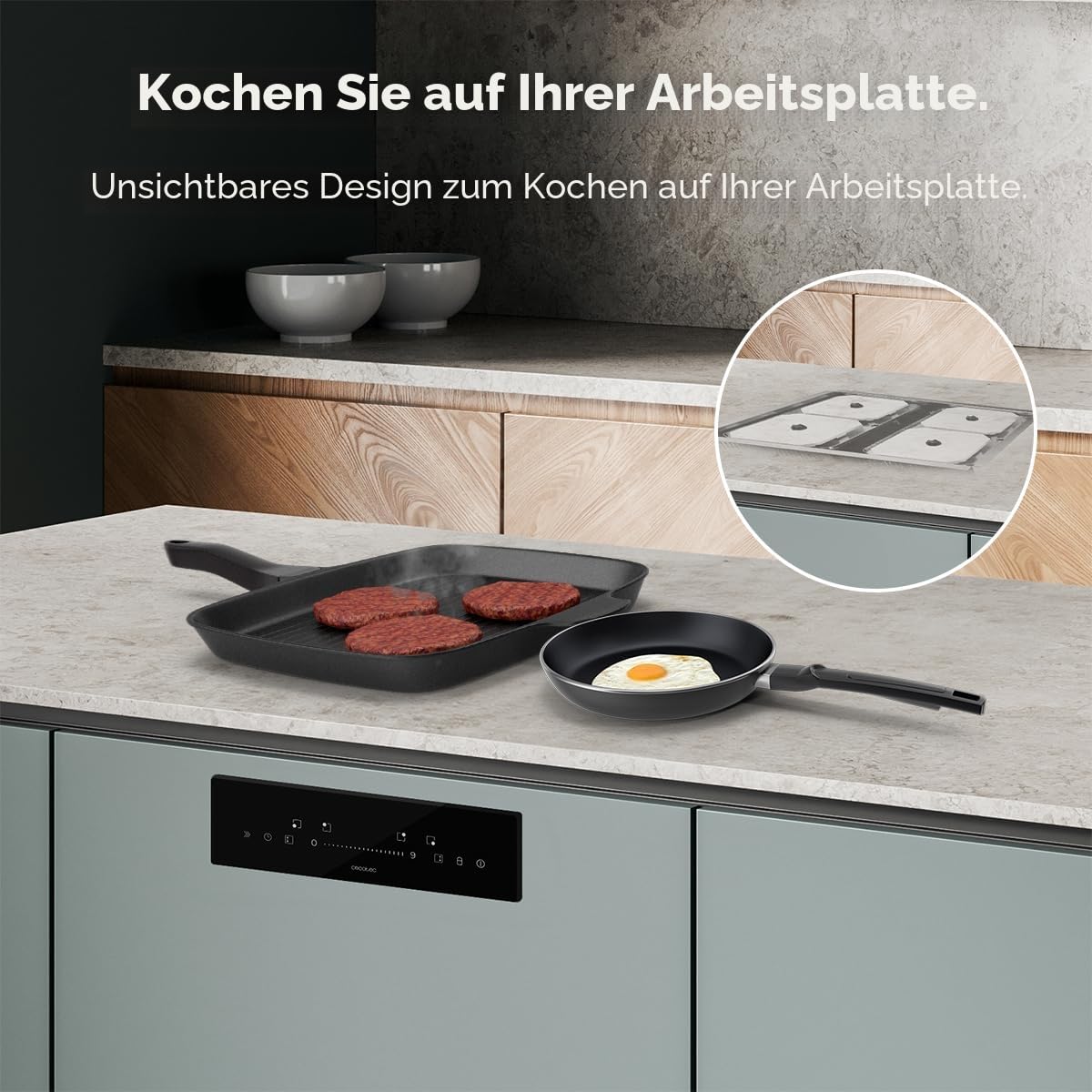 Cecotec Unsichtbares Induktionskochfeld Bolero Squad I 4300 Invisible FullFlex, 7200 W, FullFlex-Zonen kombinierbar, Slider-Control, 9 Stufen + Booster, Timer je Zone, Kindersicherung
