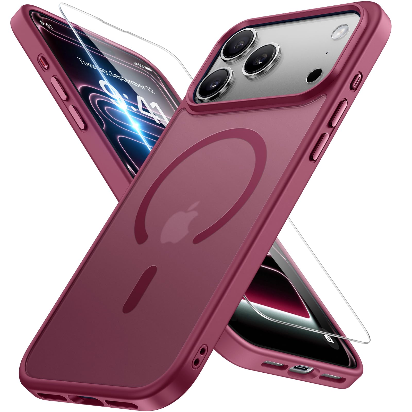 miracase Magnetic for iPhone 17 Pro Case 6.3" with Screen Protector, [Compatible with MagSafe] Military-Grade Protection, Anti-Fingerprint, Slim Thin Phone Case for 17 Pro Cover, Wine Red