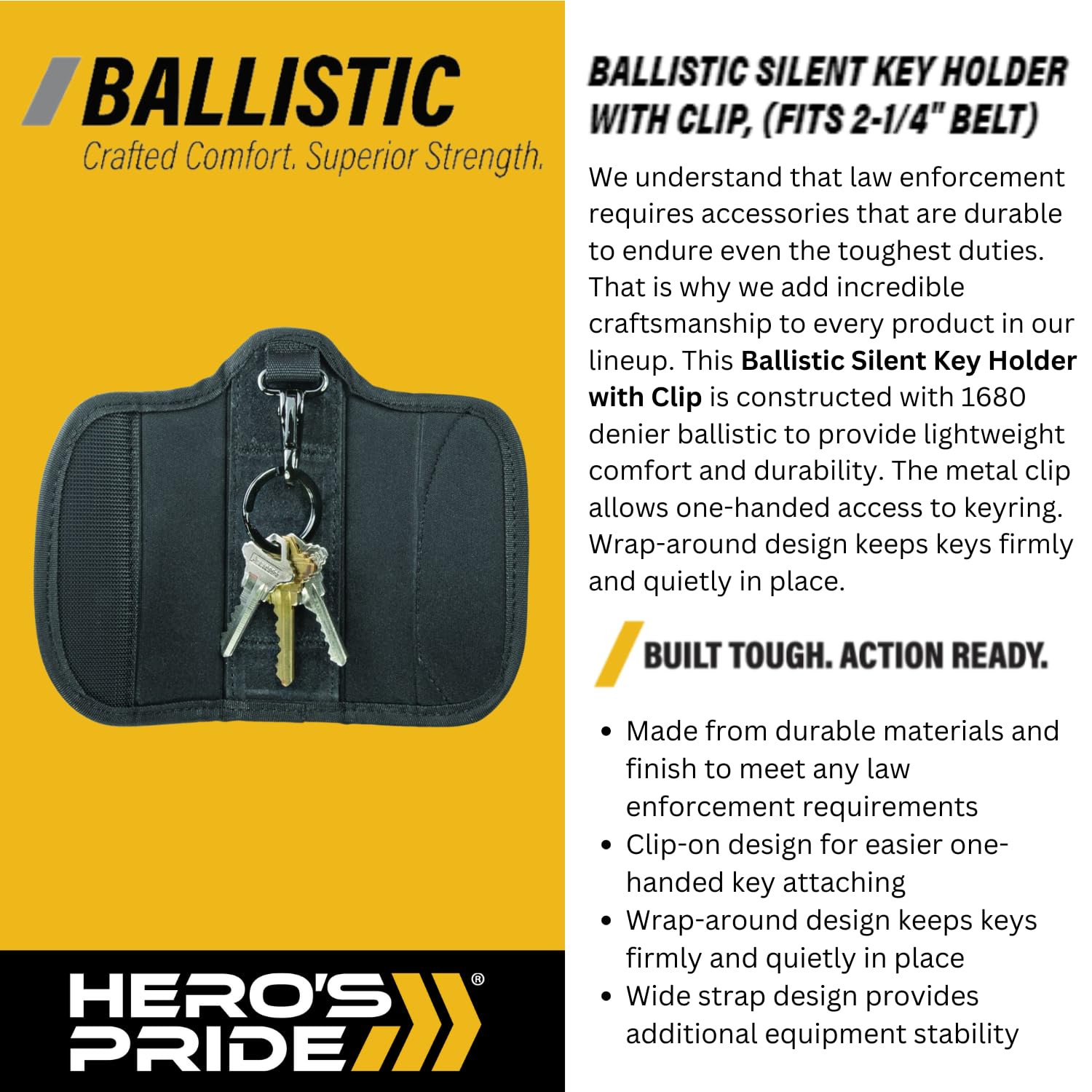Hero's Pride Ballistic Silent Key Holder, Nylon Duty Belt Key Keeper, Utility Clip-On for Law Enforcement, Patrol Belt Key Ring, Easy Install on Duty Gear, Secure Hook and Loop Closure, Black