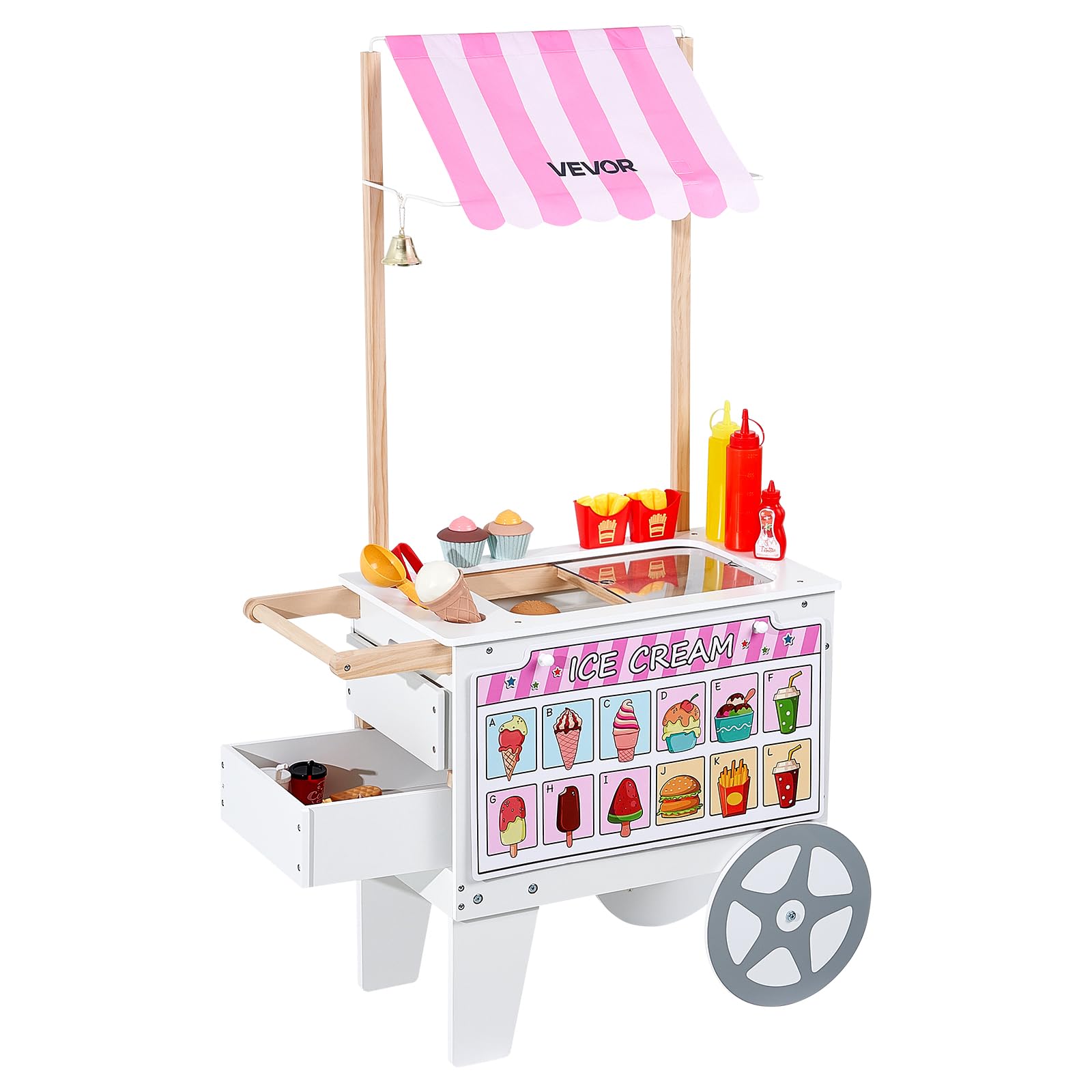 VEVOR Ice Cream Cart for Kids, 20+ PCS Accessories, Pretend Play Ice Cream Shop Kitchen Food Toys with Ice Cream Cone & Popsicle, Awning & Freezer, Storage Drawers & Flipping Menus, for Kids Aged 3-7