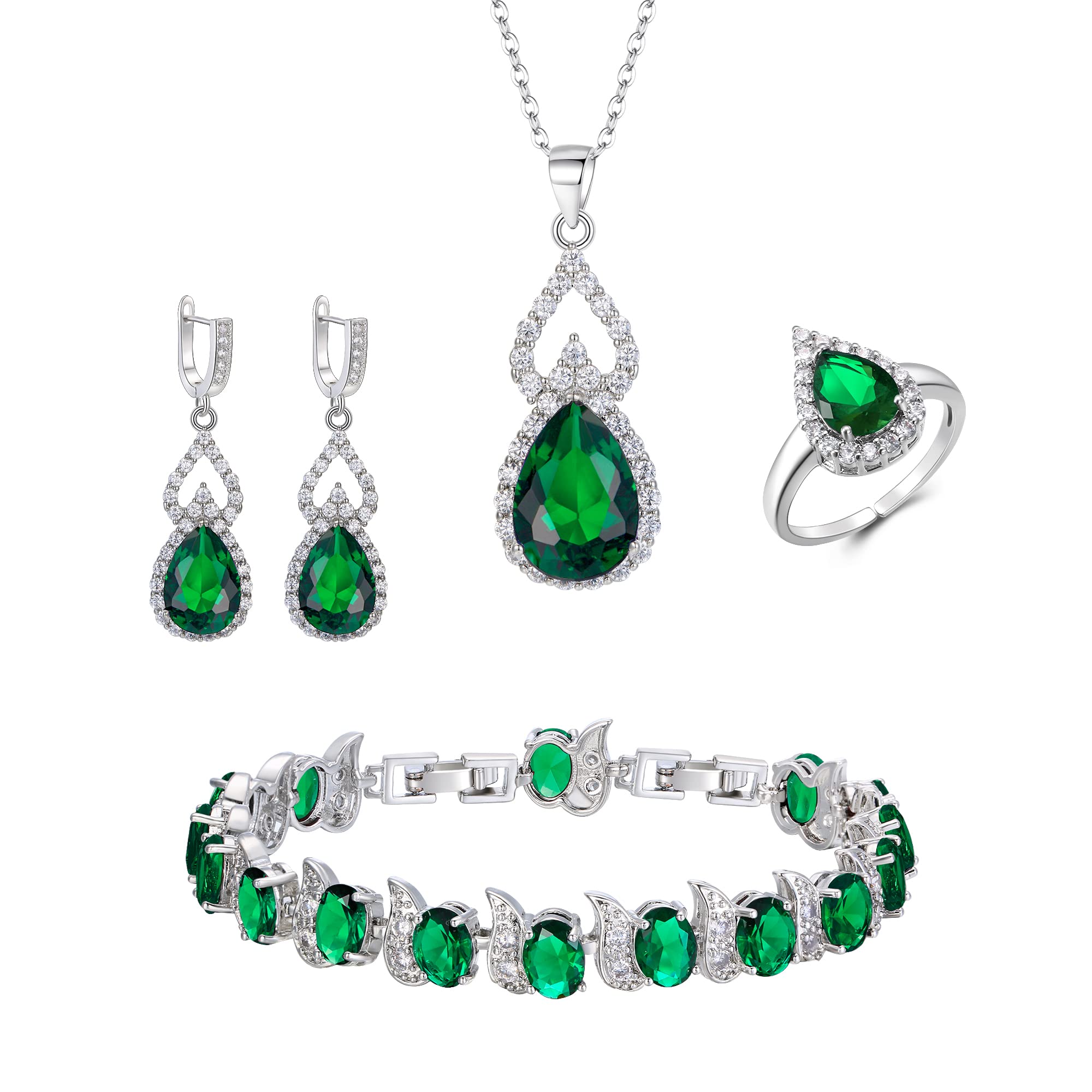 Clearine Juegos de Joyas de Mujer Conjunto de Joyería Chapado en Plata Lágrima Circonita Cúbica Collar Abierto Ajustable Anillo Pendientes Pulsera Juego para Boda/Aniversario/Día de la Madre