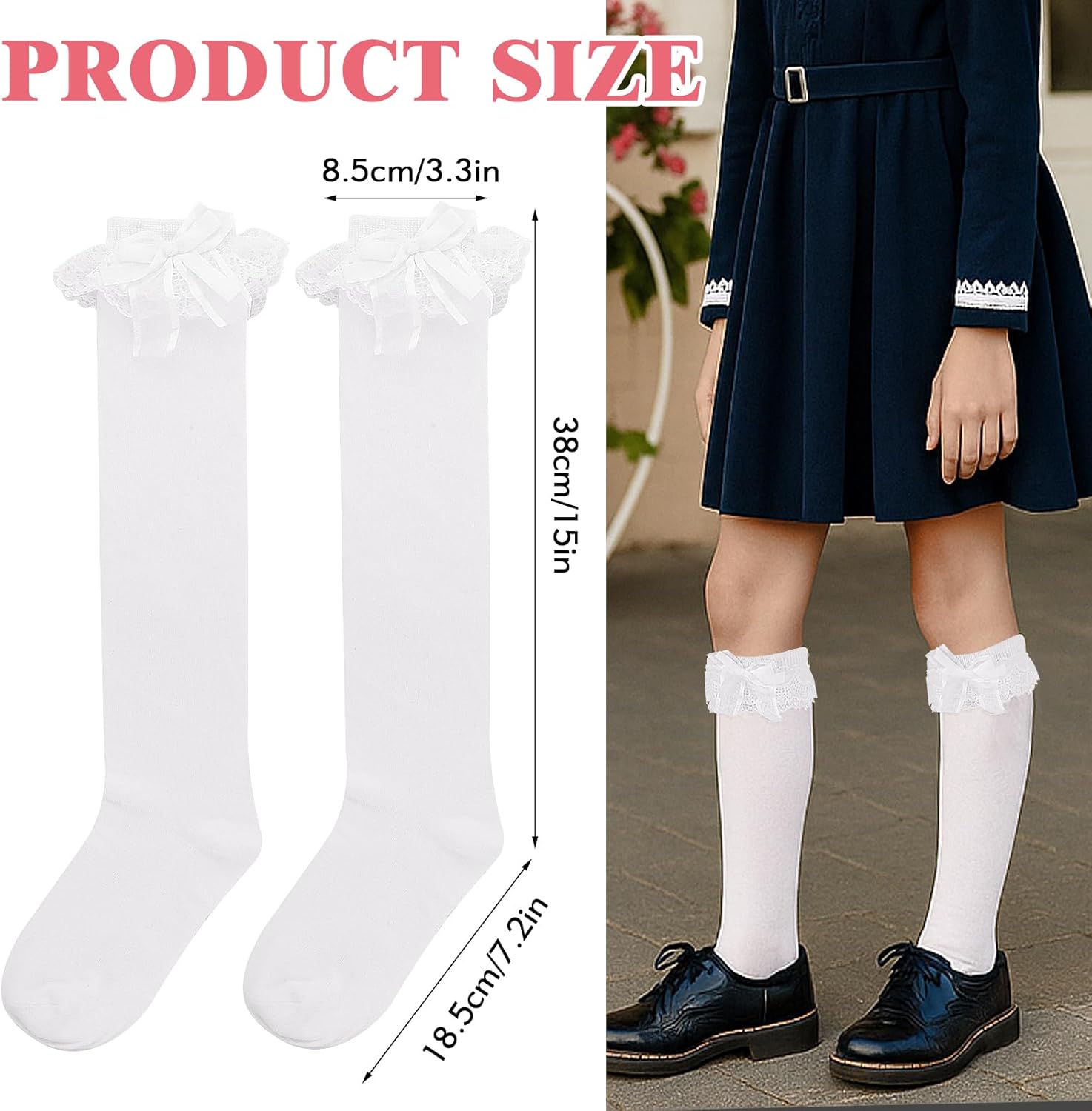 Lusofie 2 Pairs Girls Knee High Socks with Bow-Knot - White Ruffle Frilly Long Socks for Girls - Image 2