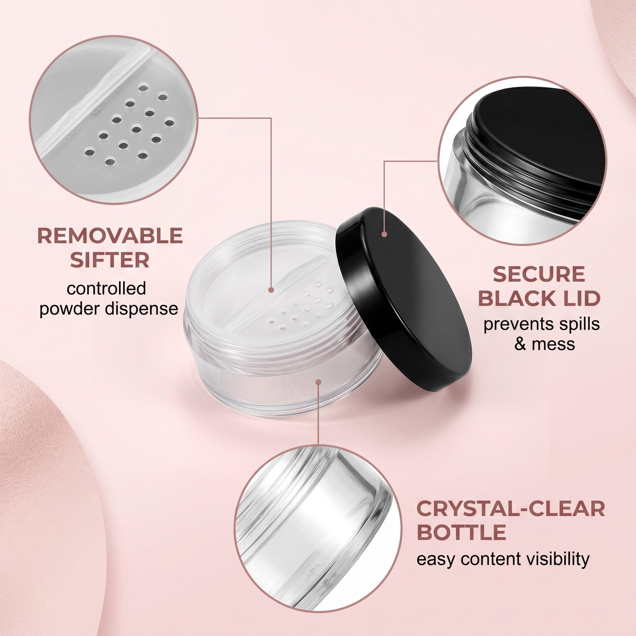 Lot de 4 Boîtes à Poudre Portables Vides – Réutilisables – 10g*2+20g*2– Transparentes avec Couvercle Noir – Tamis Amovible Intégré – Pour Femmes et Filles – Cosmétiques Voyage