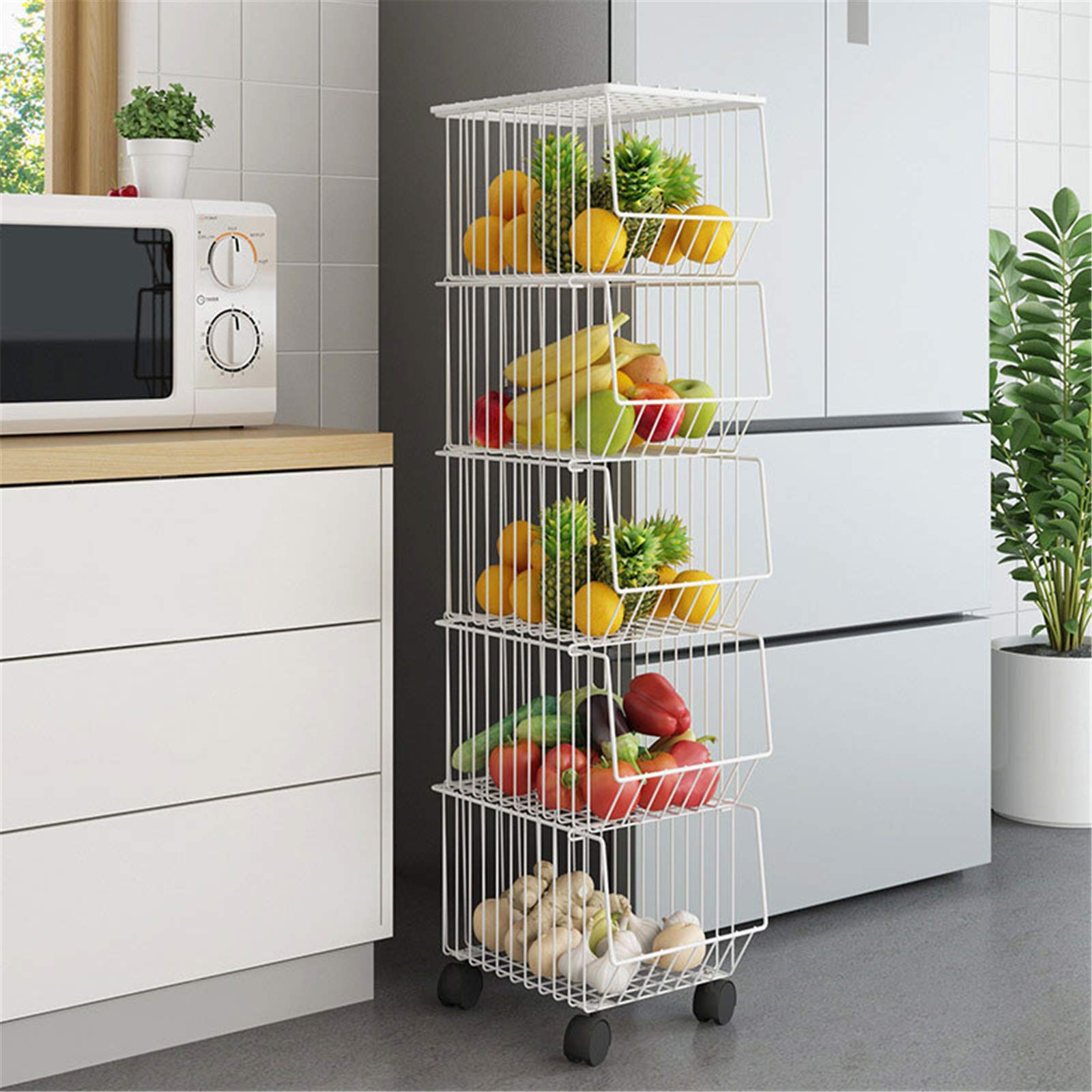 Dreischichtiger Obstwagen, Obstkorb aus Metalldraht mit Rädern und Deckel, Organisator für die Küche, Vorratsschrank, Schlafzimmer, Badezimmer