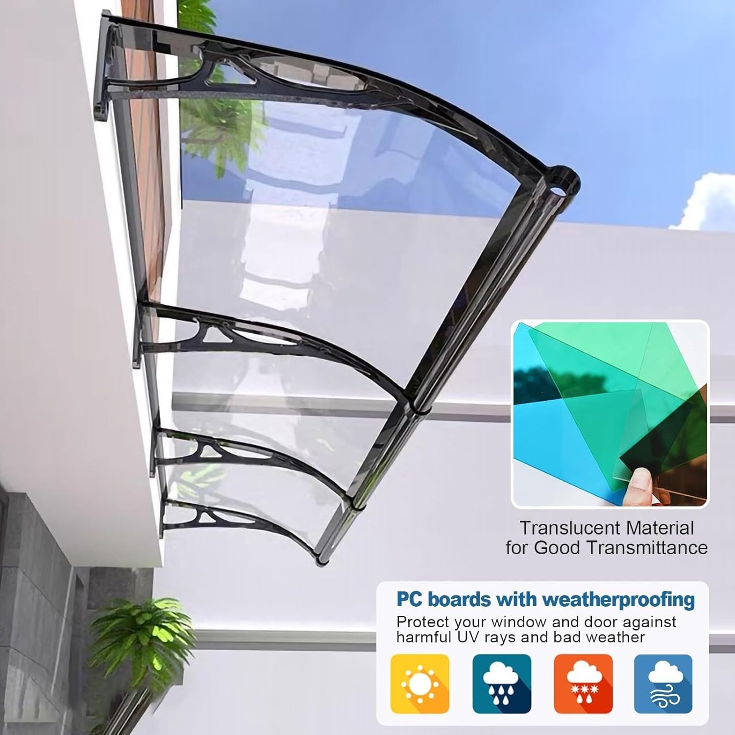 Aluminum Porch Canopy - Outdoor Door Canopy with Polycarbonate Cover, Waterproof UV Protection, Snow Shield, Modern Design for Patio/Roof/Window, Easy Installation (C, 80x380cm/32x150in)