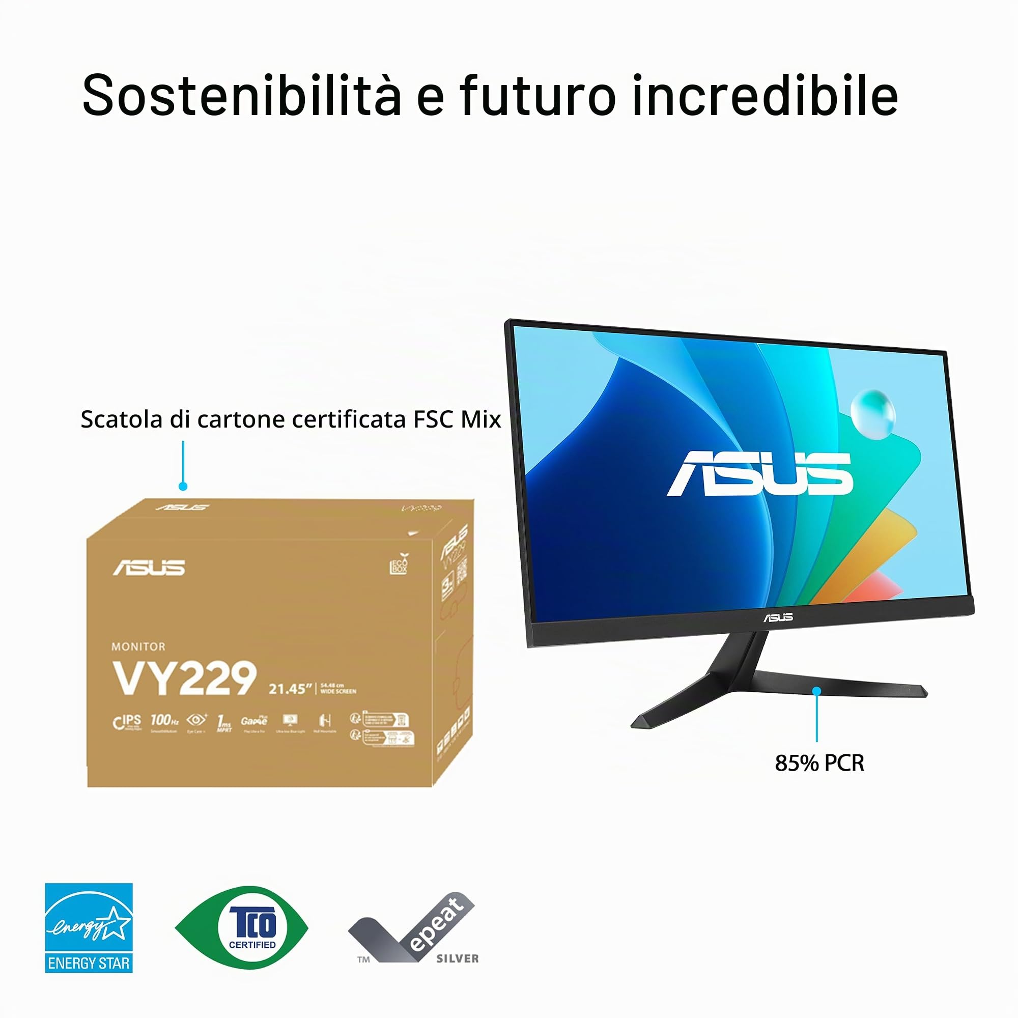 ASUS VY229HF, Monitor Eye Care da 21,45” FHD IPS (1920 x 1080), Nero | 100Hz, IPS, SmoothMotion, 1ms (MPRT), Adaptive Sync, Tecnologia Eye Care Plus, Filtro Luce Blu, Anti-sfarfallio