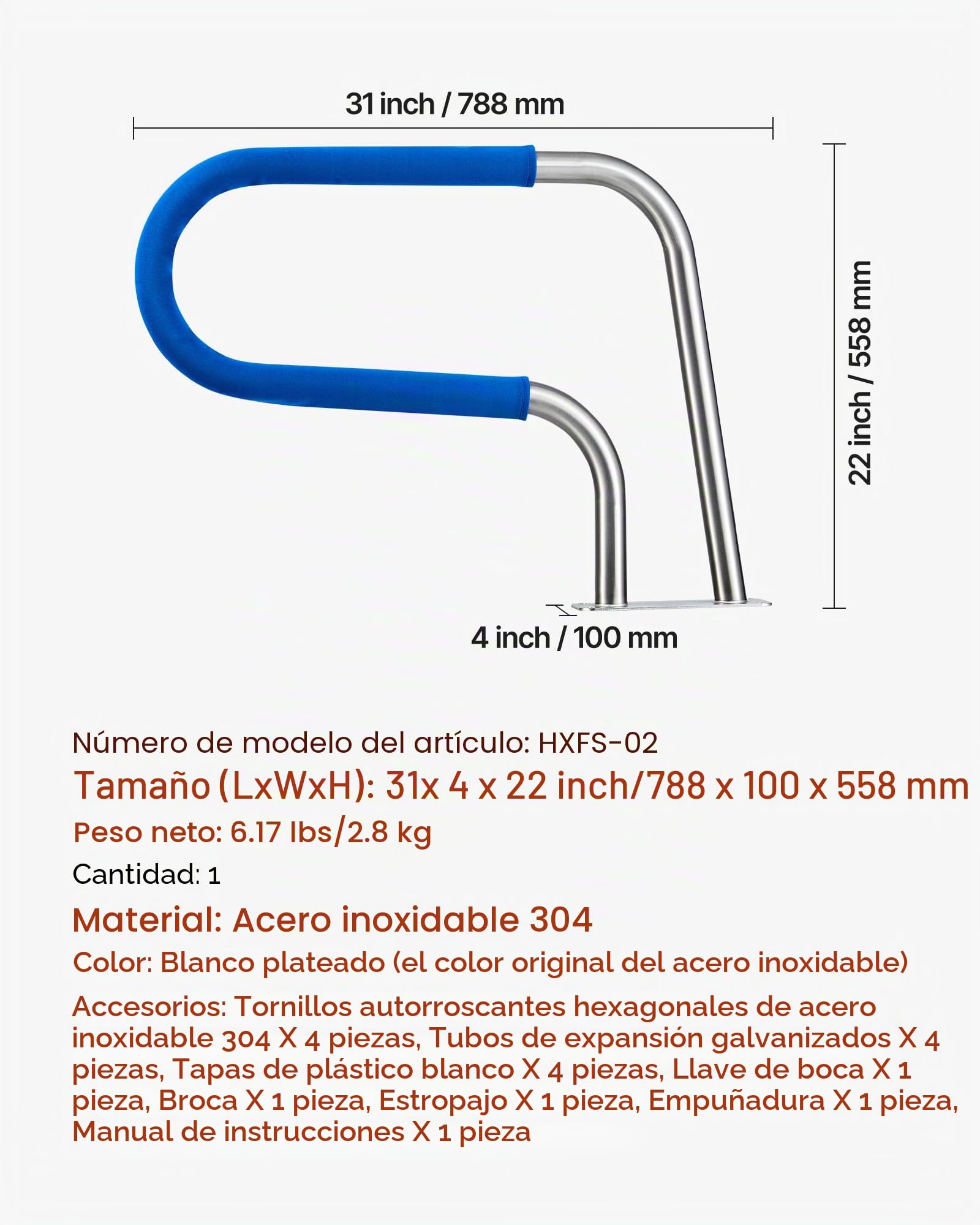 VEVOR Barandilla para Piscina 76,2 x 55,8 cm Pasamanos de Piscina Acero Inoxidable Agarradera Exterior Piscina Carga 113 kg Barandilla de Seguridad de Piscina con Cubierta de Nailon Tornillos Broca M8
