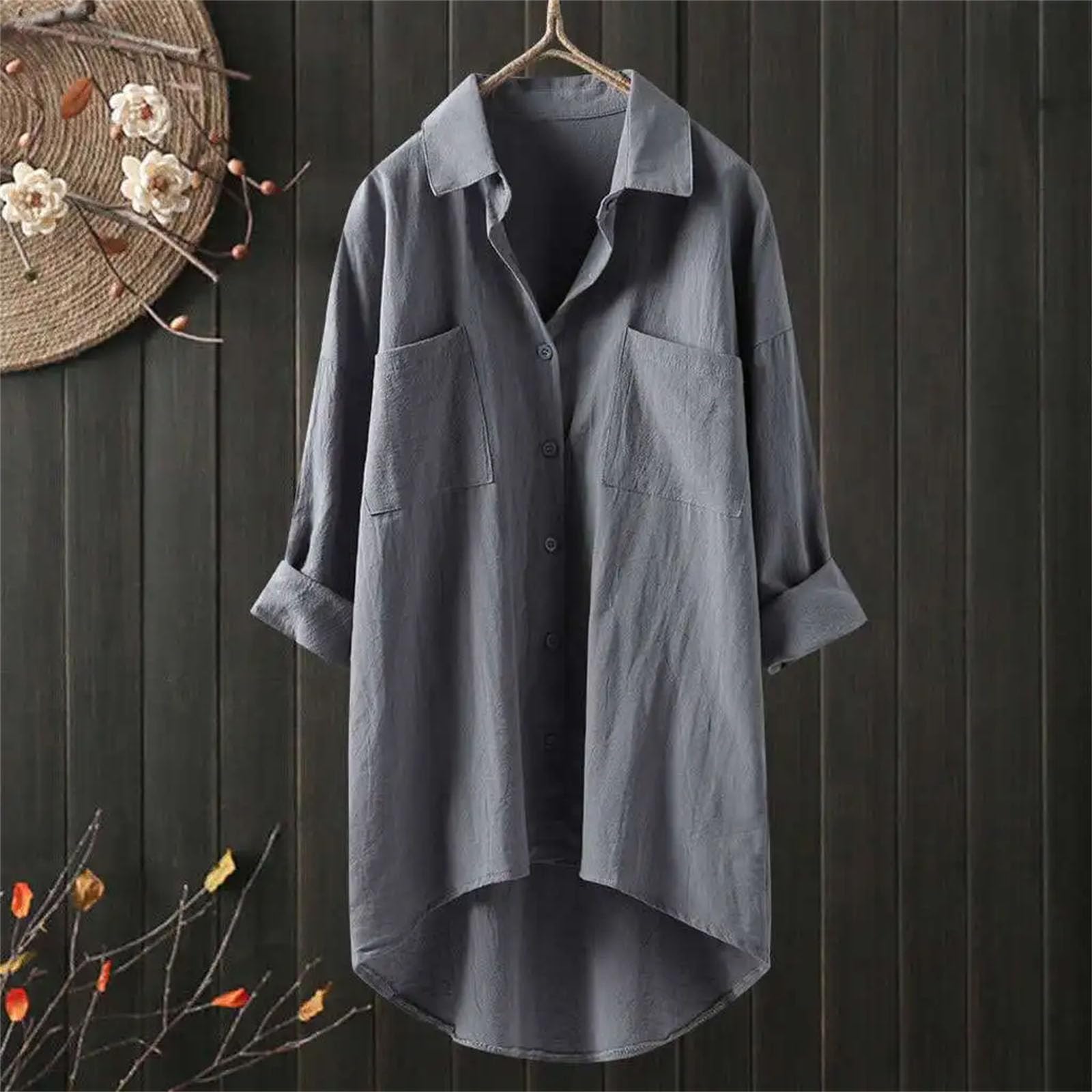 Camisas casuales de talla grande para mujer, blusa de manga larga con cuello de solapa, botones de color sólido, camisa de manga larga