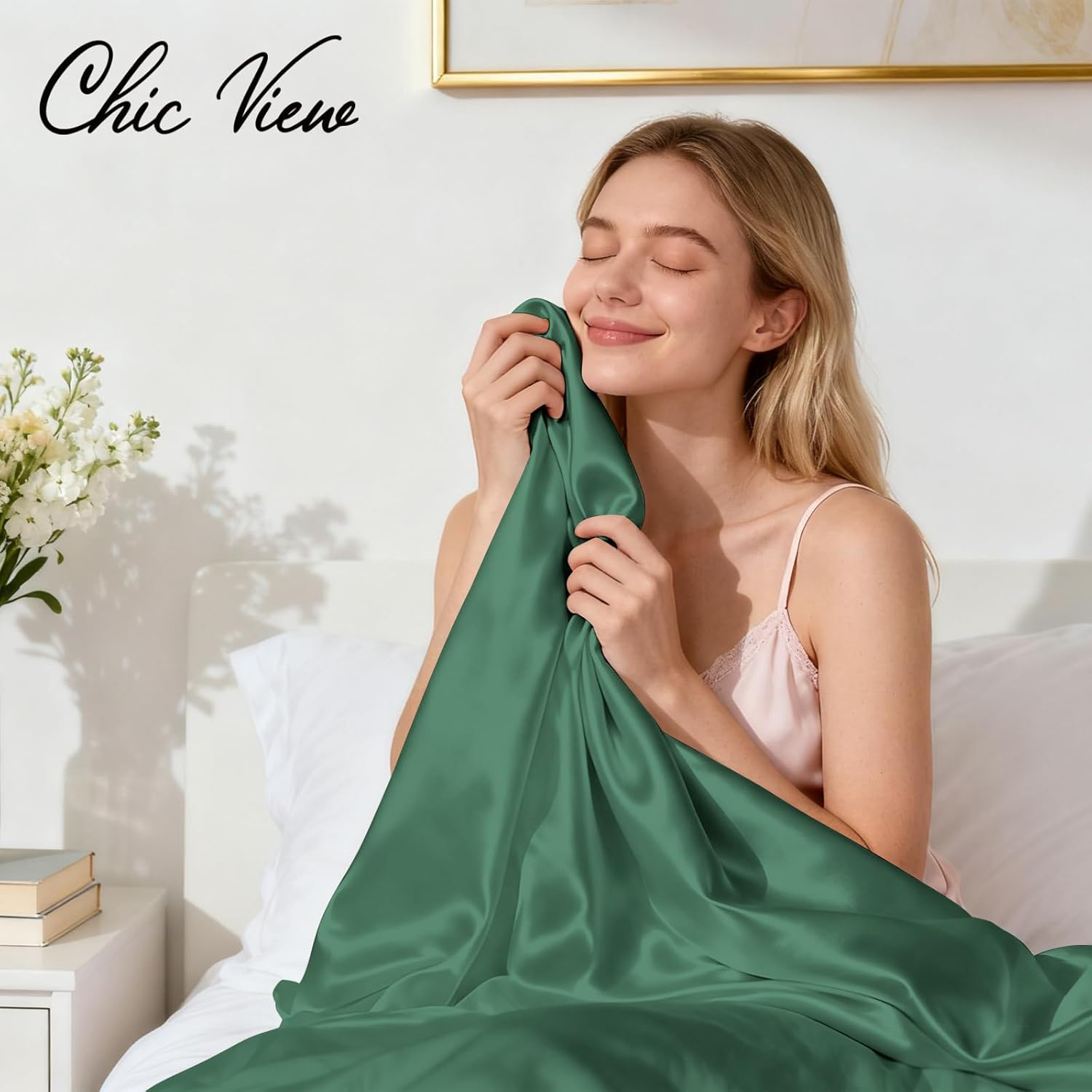 King Luxury Satin Sheet Set,4 Pieces Ultra Cooling Silky Feel Breathable Bedsheets, 16 Inch Deep Pockets Bed Sheets,Good for Hair & Skin, Forest Green