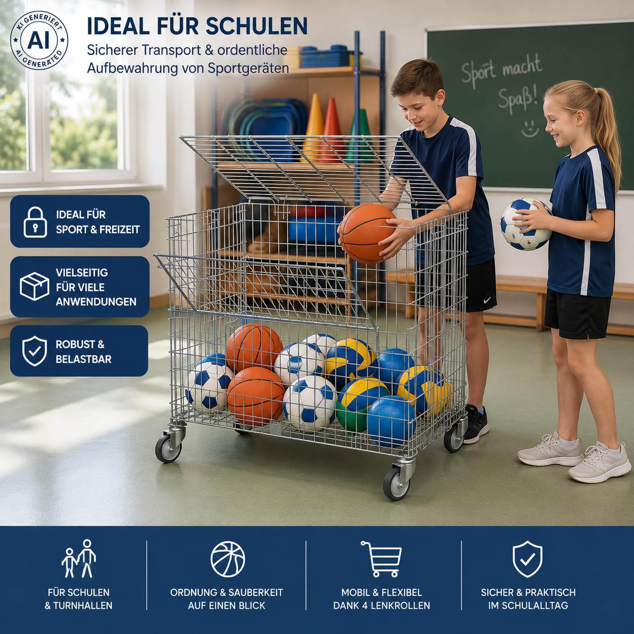 Carro de rejilla con cerradura – Capacidad de carga de 150 kg – Carro móvil con 2 solapas de carga – Caja de rejilla para equipos deportivos y pelotas – Carro de almacenamiento 585 x 950 x