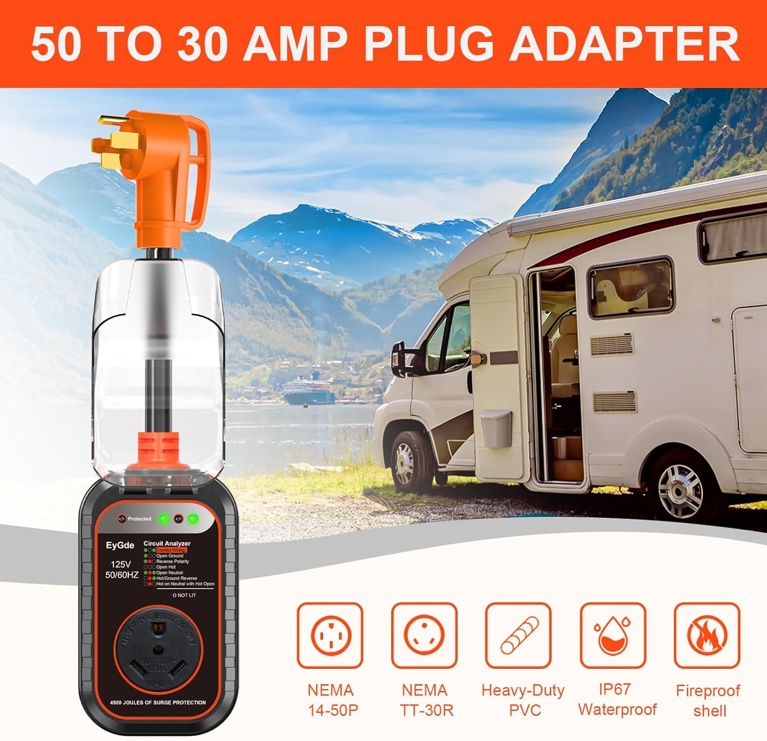 EyGde 50 Amp to 30 Amp RV Adapter with Surge Protector - Upgraded NEMA 14-50P Male to TT-30R Female Plug, 50A to 30A RV Circuit Analyzer Power Protection with Waterproof Cover for 30Amp Camper Trailer