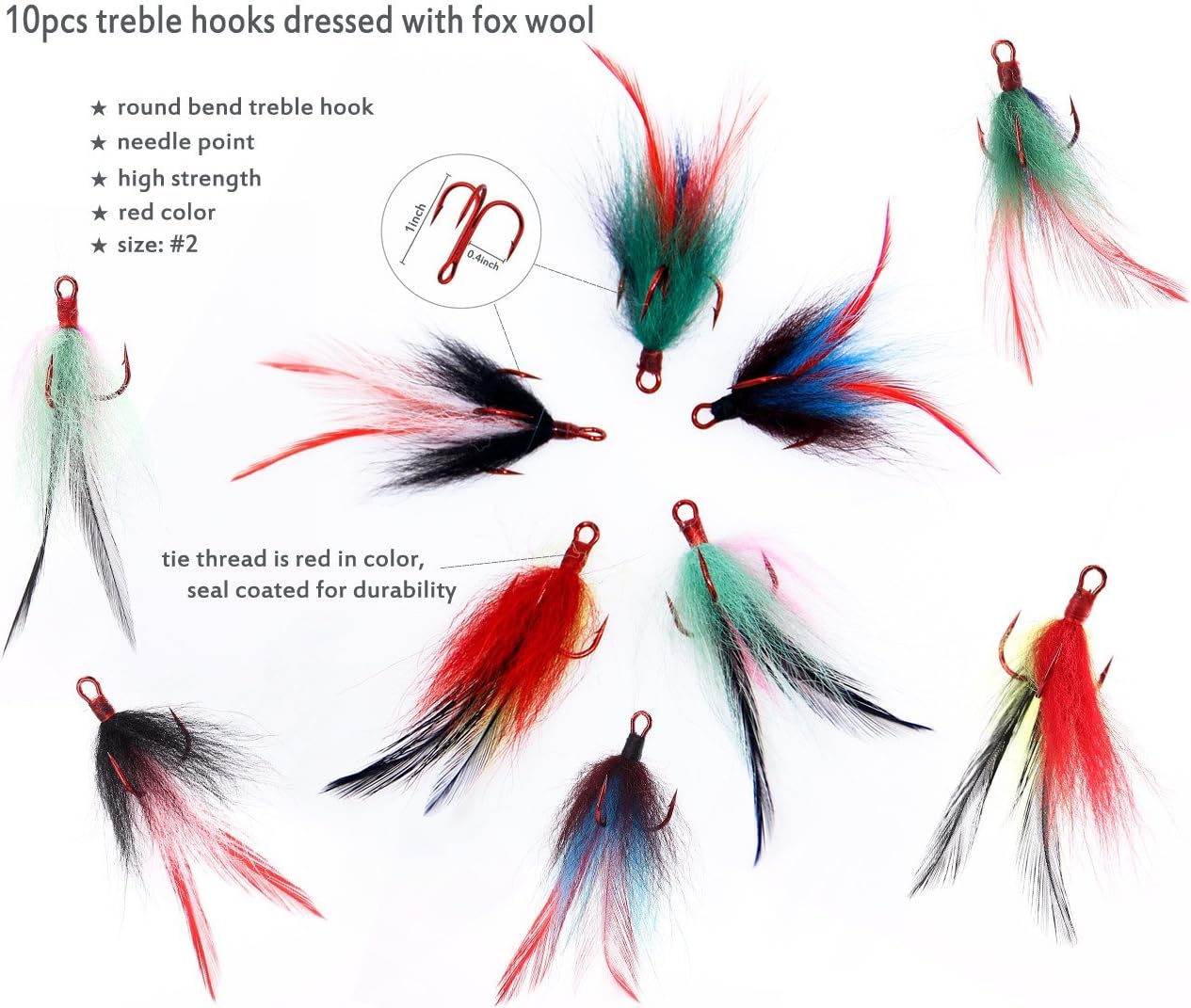 Feather Treble Hooks Round Bend Treble Fishing Hooks Feather Dressed Strong Sharp Barbed Treble Hooks Feather Hooks for Fishing Lures Bait