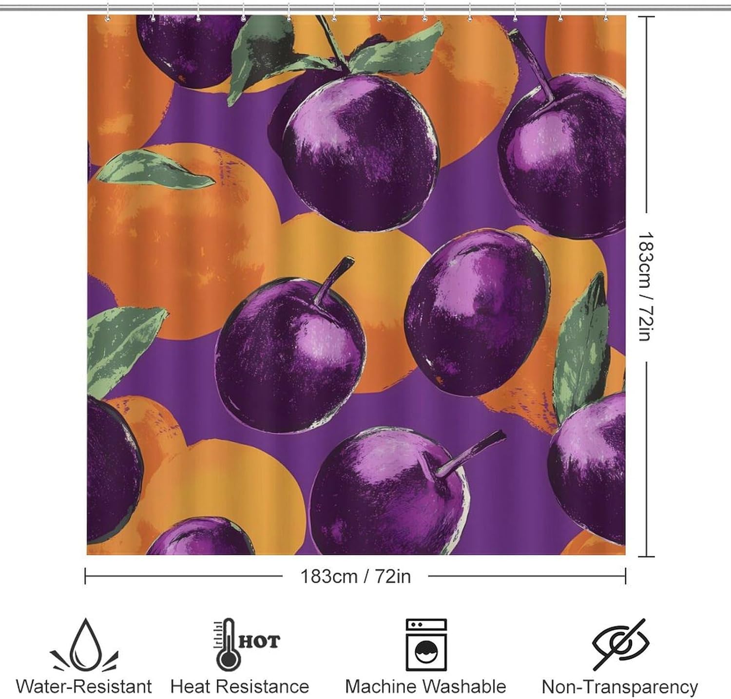 Plums and Orange Bathroom Sets with Shower Curtain and Rugs 4 Piece with U-Shaped Floor Mat Toilet Lid Cover