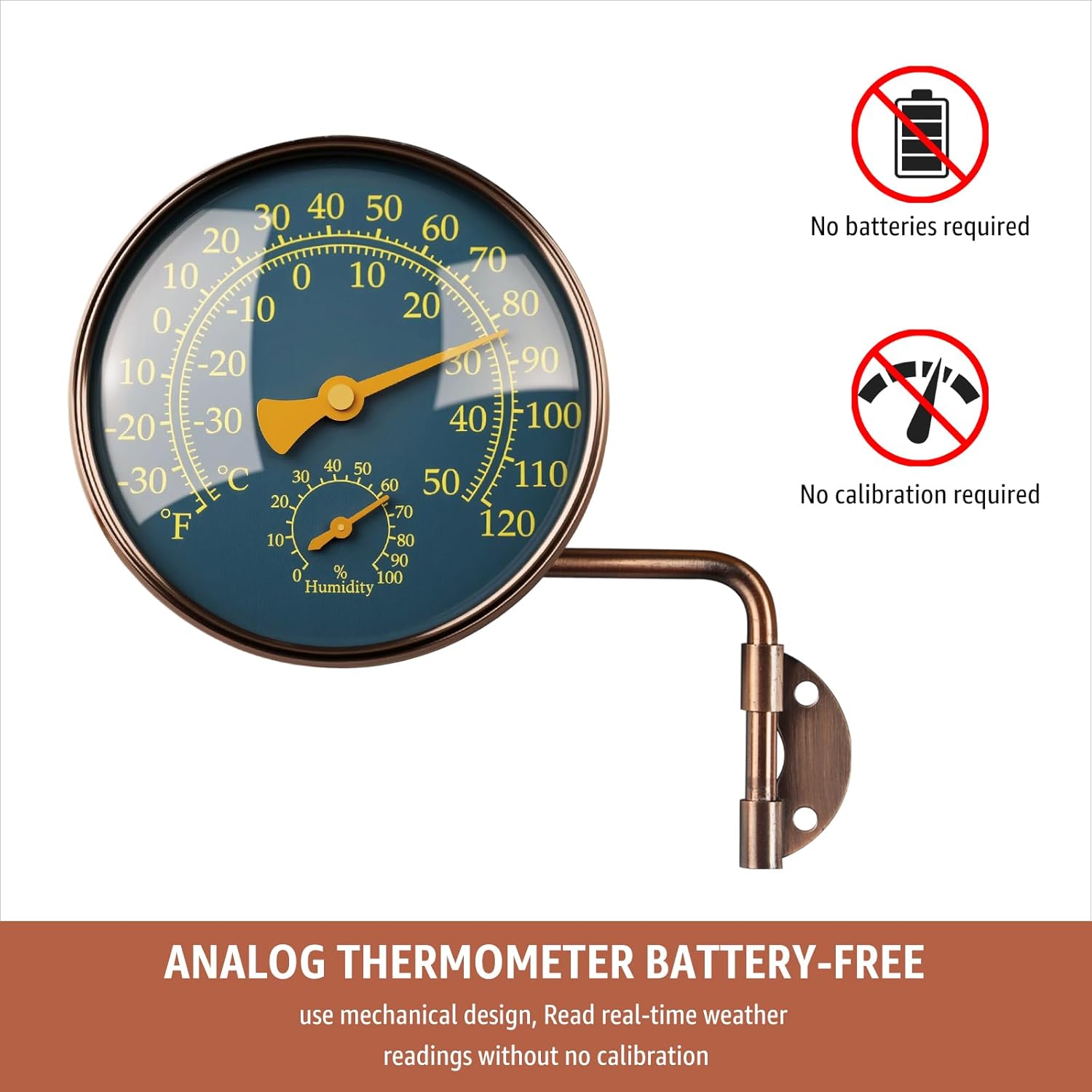 4-Inch Outdoor Thermometer and Humidity Gauge, Window Thermometer for Outside Temperature and Humidity Monitor, Brass Analog Dial, Battery-Free for Patio, Garage, Greenhouse, Garden, Wall