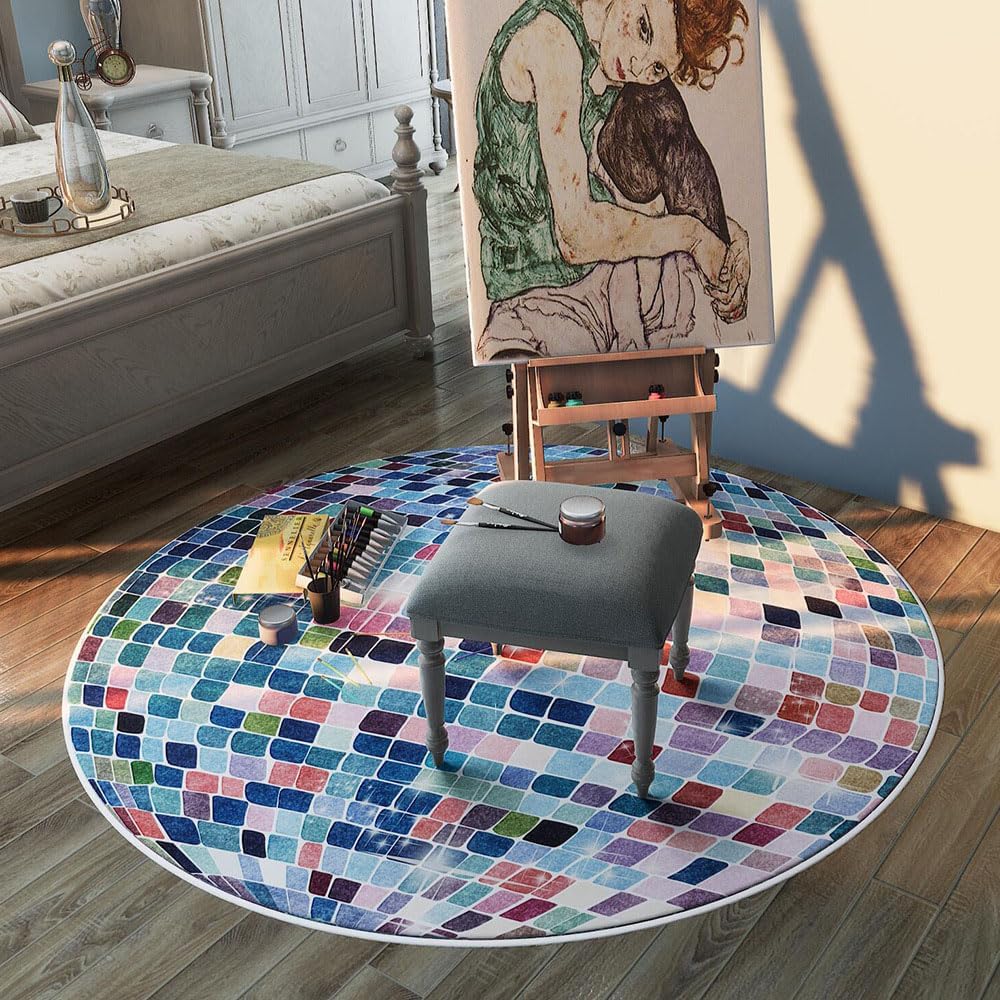 Round Area Rugs,Disco Super Soft Retro Non-Slip Carpet Door Mat for Bathroom Bedroom Bath Bedside Floor Mats (Blue, 4 Feet)