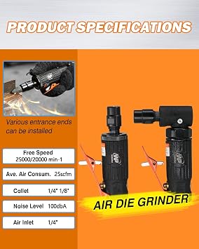 WorkPad 2PCS Pneumatic die Grinder,Straight/Angled Pneumatic die Grinder Set with 1/4 and 1/8 inch collets for car Mechanics, Decorators and DIY Enthusiasts.